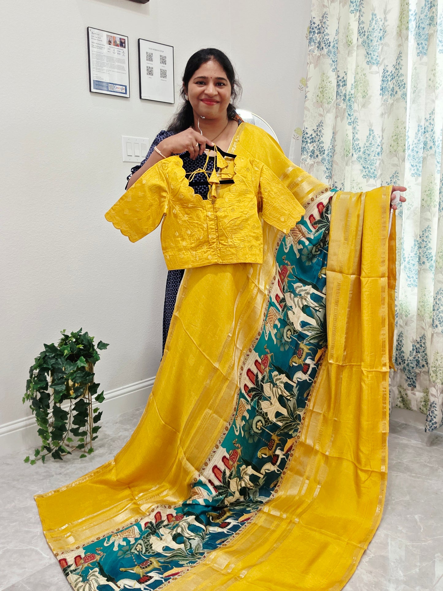 Sunlit Mustard Heritage Crepe Silk Saree with Stitched Blouse