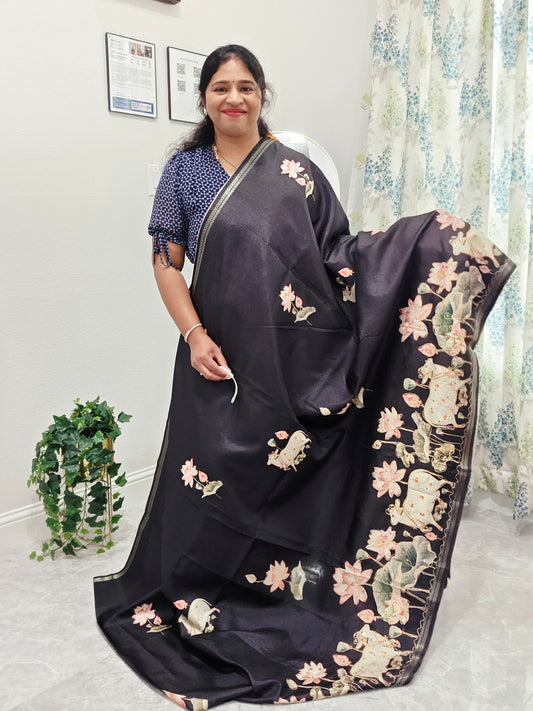Semi Tussar Silk Saree with Pichwai Motif Print & Outline Embroidery