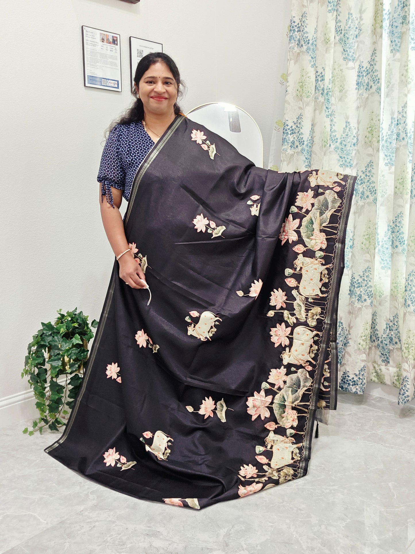 Semi Tussar Silk Saree with Pichwai Motif Print & Outline Embroidery