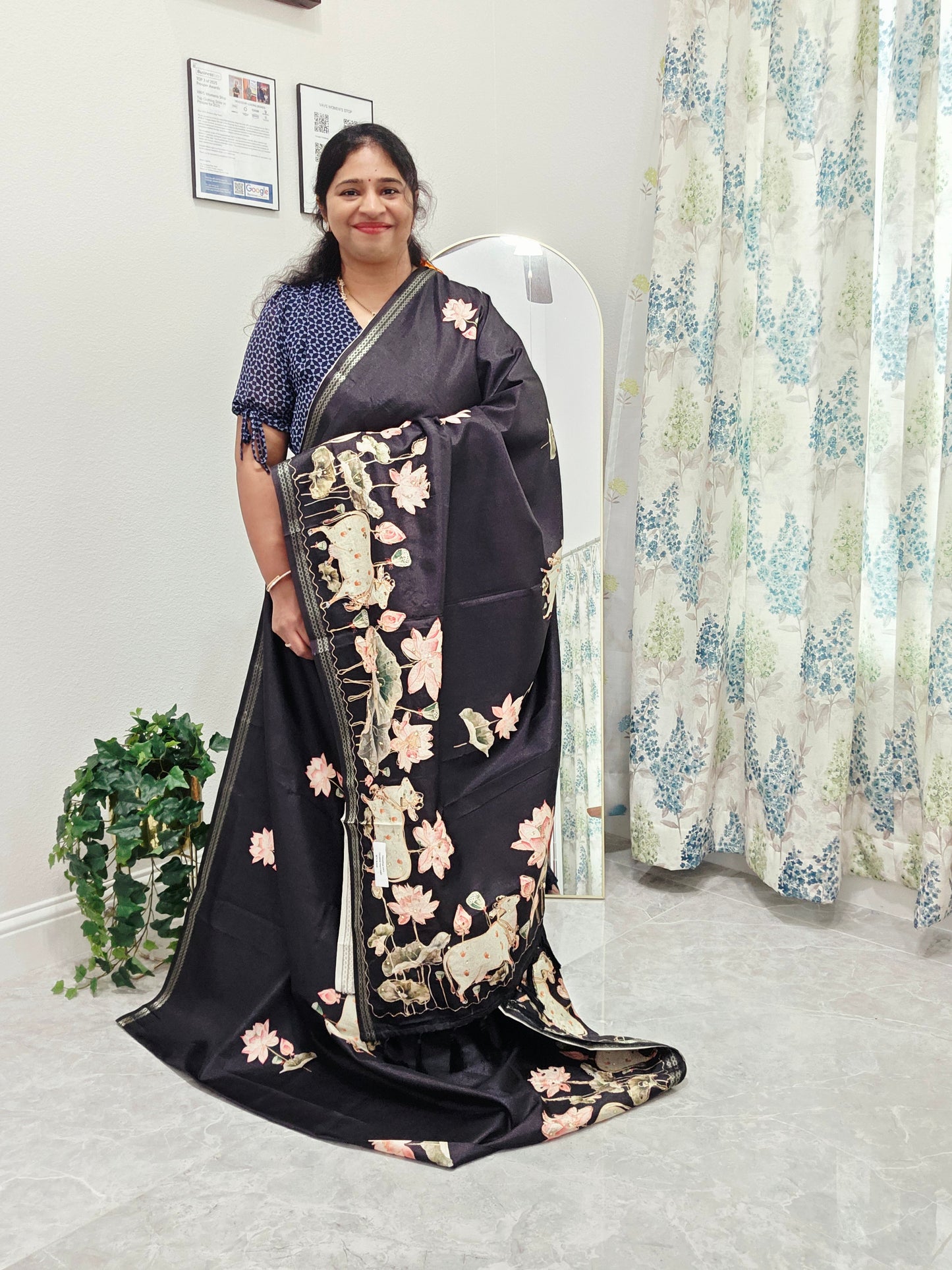 Semi Tussar Silk Saree with Pichwai Motif Print & Outline Embroidery
