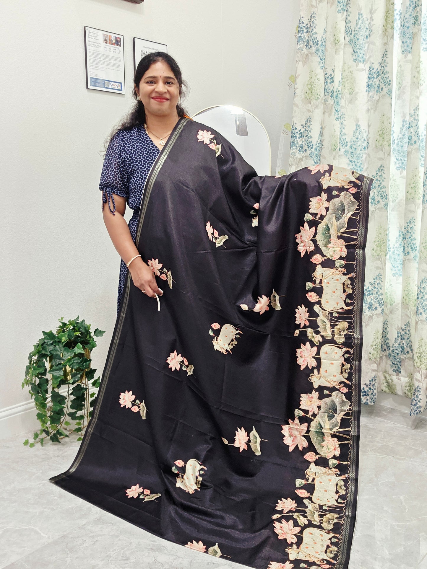 Semi Tussar Silk Saree with Pichwai Motif Print & Outline Embroidery