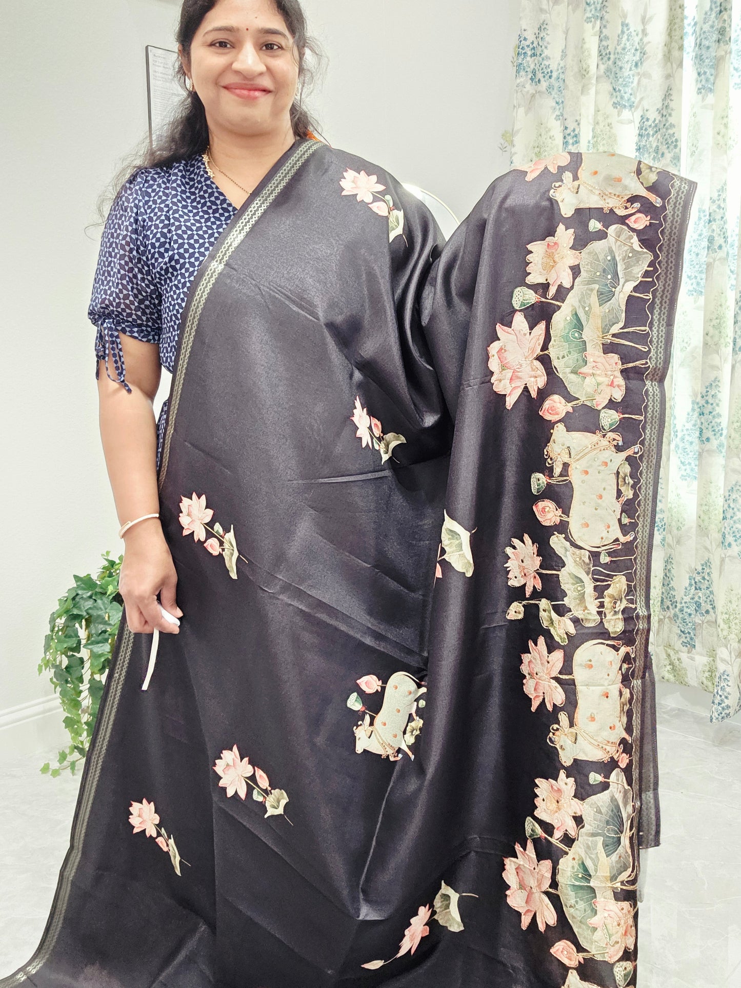 Semi Tussar Silk Saree with Pichwai Motif Print & Outline Embroidery