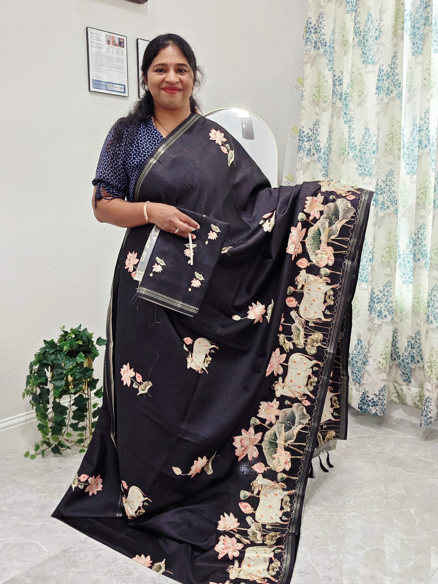 Semi Tussar Silk Saree with Pichwai Motif Print & Outline Embroidery