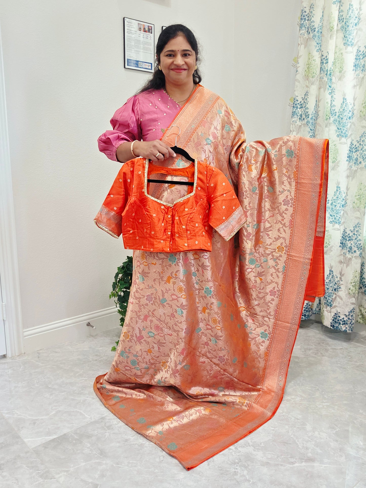 Sunset Orange Benarasi Paithani Brocade Designer Saree with Stitched Blouse