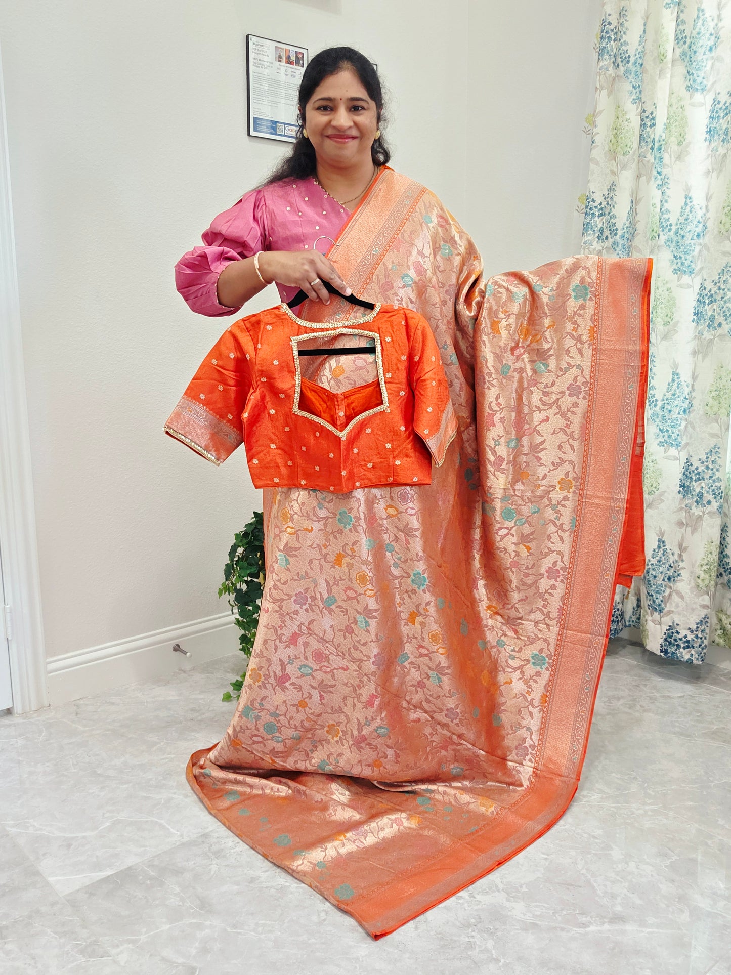 Sunset Orange Benarasi Paithani Brocade Designer Saree with Stitched Blouse