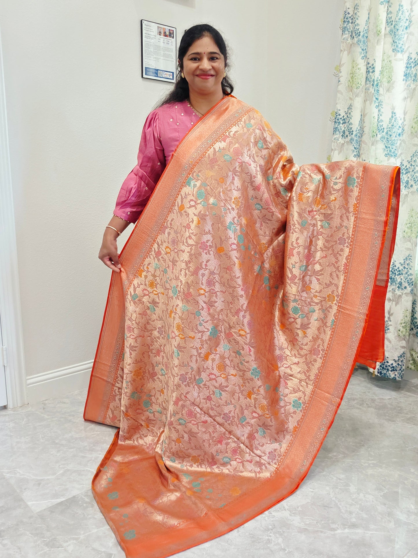 Sunset Orange Benarasi Paithani Brocade Designer Saree with Stitched Blouse