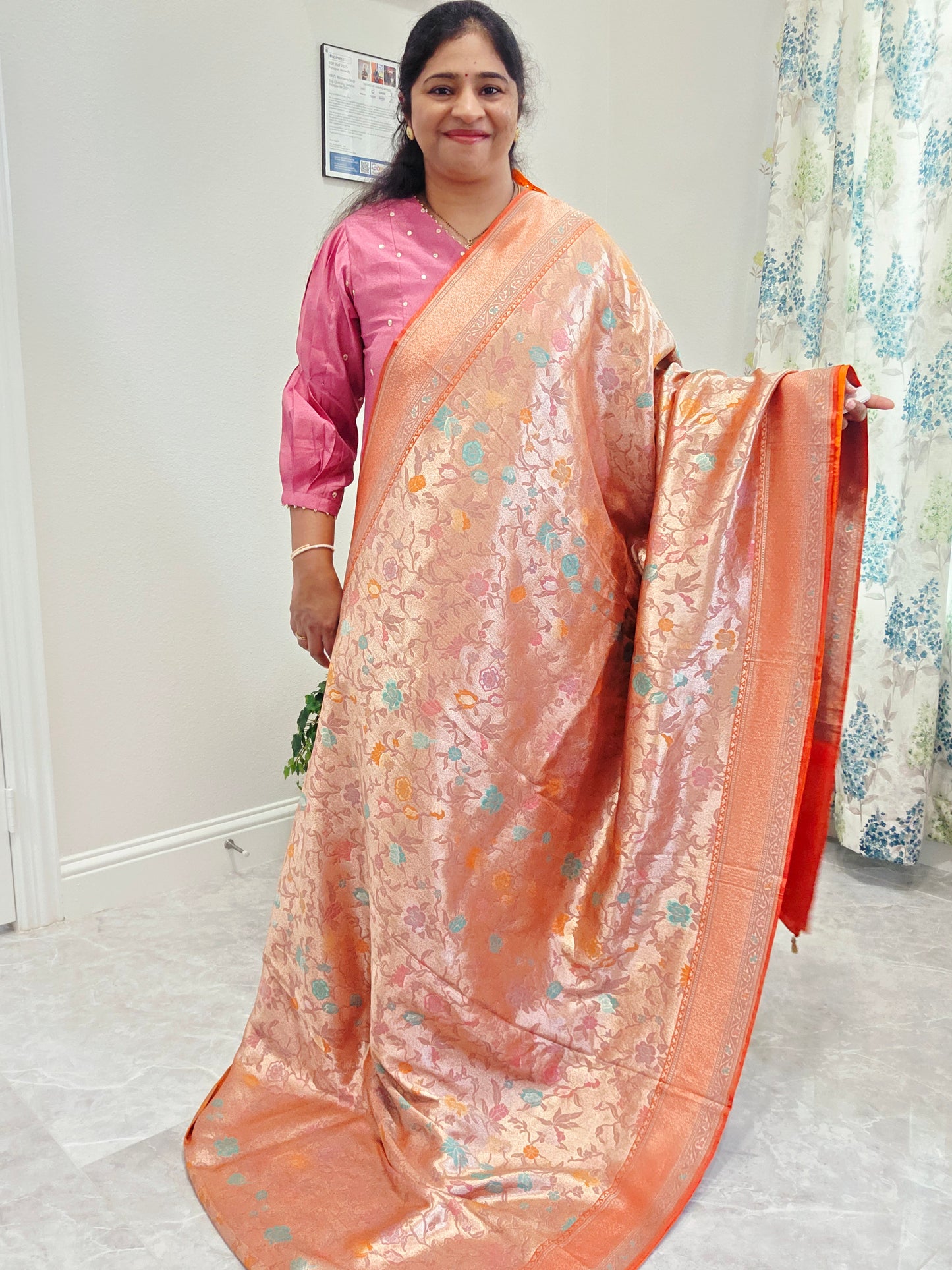 Sunset Orange Benarasi Paithani Brocade Designer Saree with Stitched Blouse