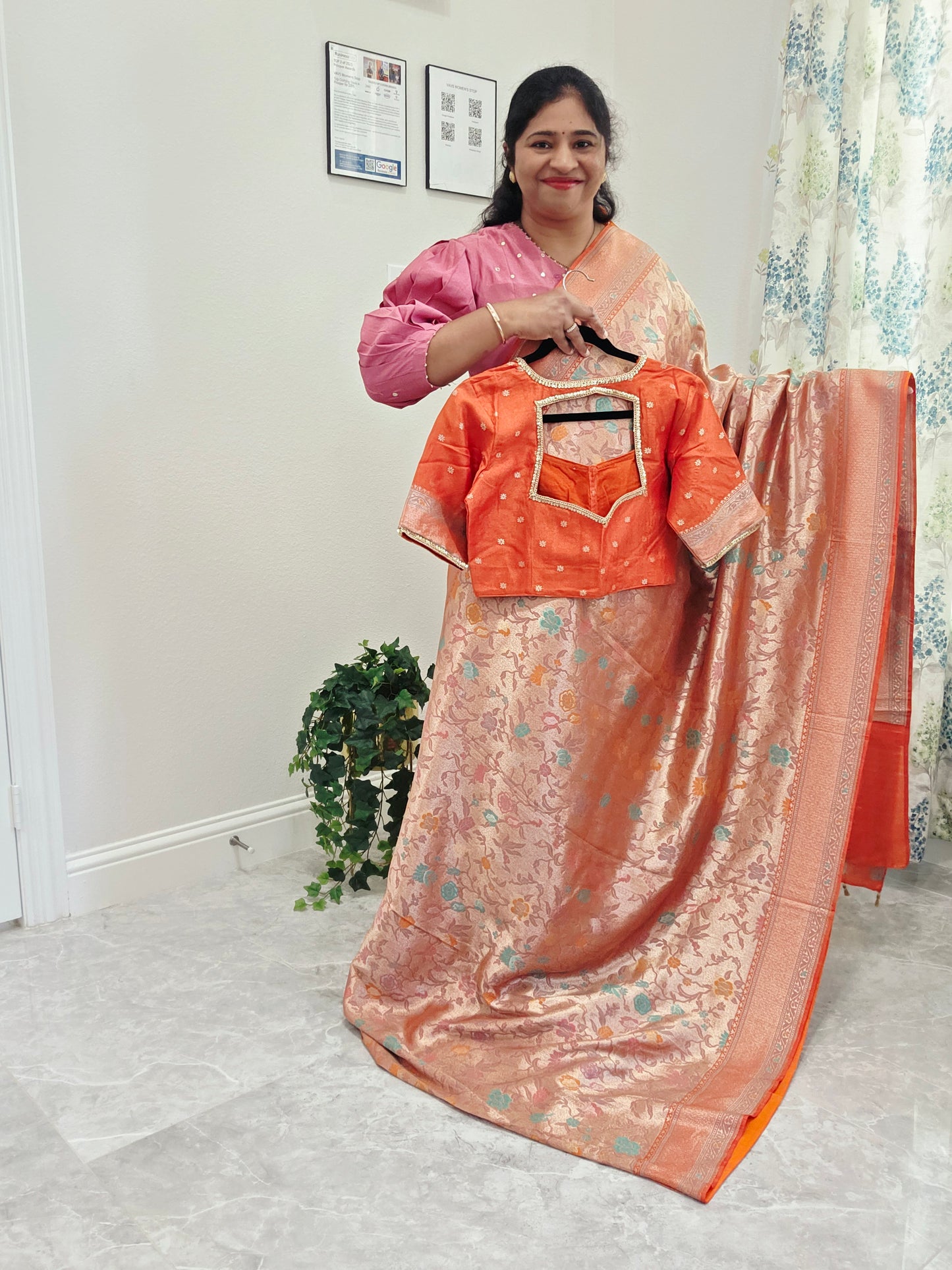 Sunset Orange Benarasi Paithani Brocade Designer Saree with Stitched Blouse