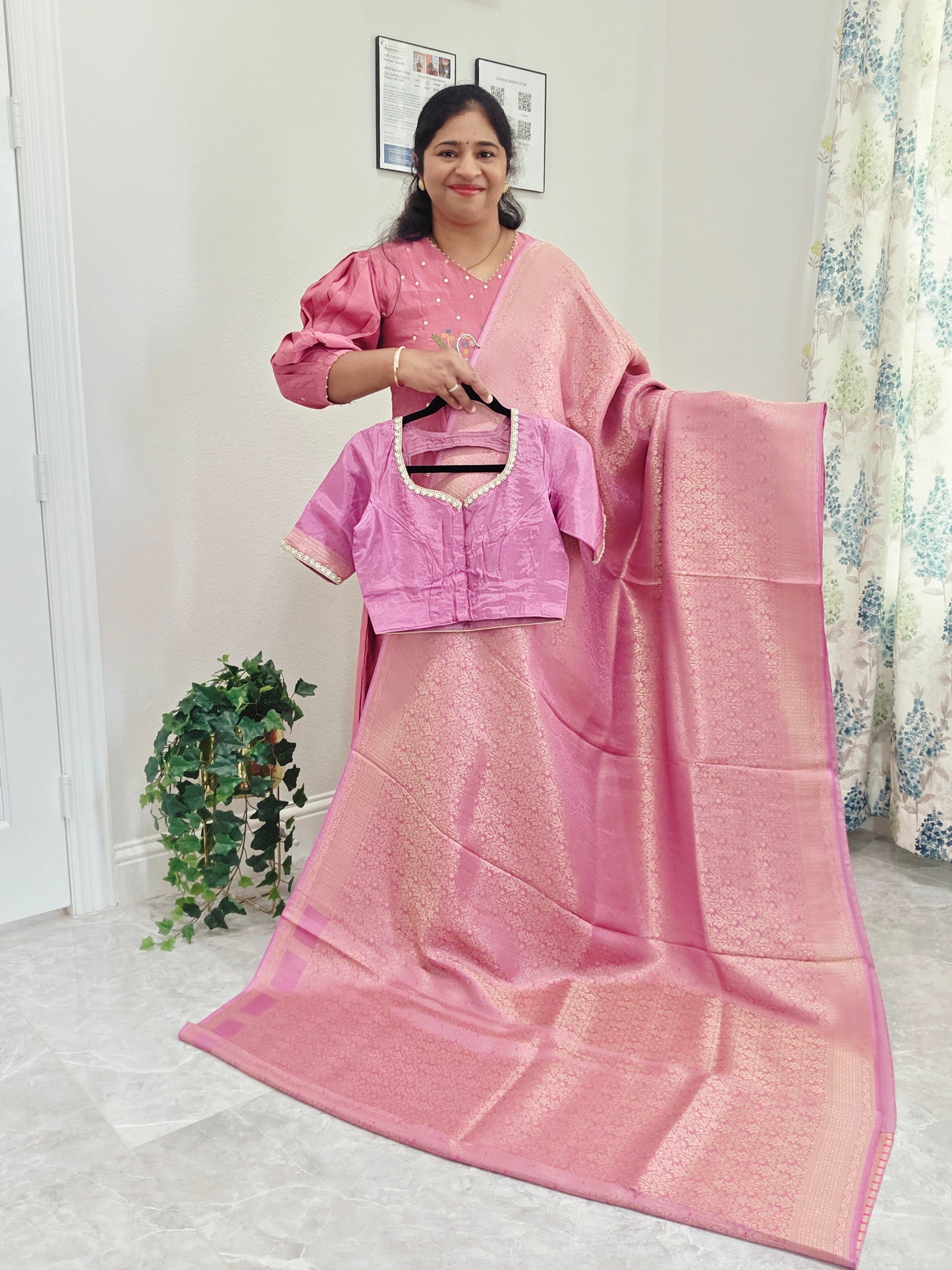 Royal Mauve Pink H.O Crepe Silk Saree with All Over Gold Brocade & Stitched Blouse