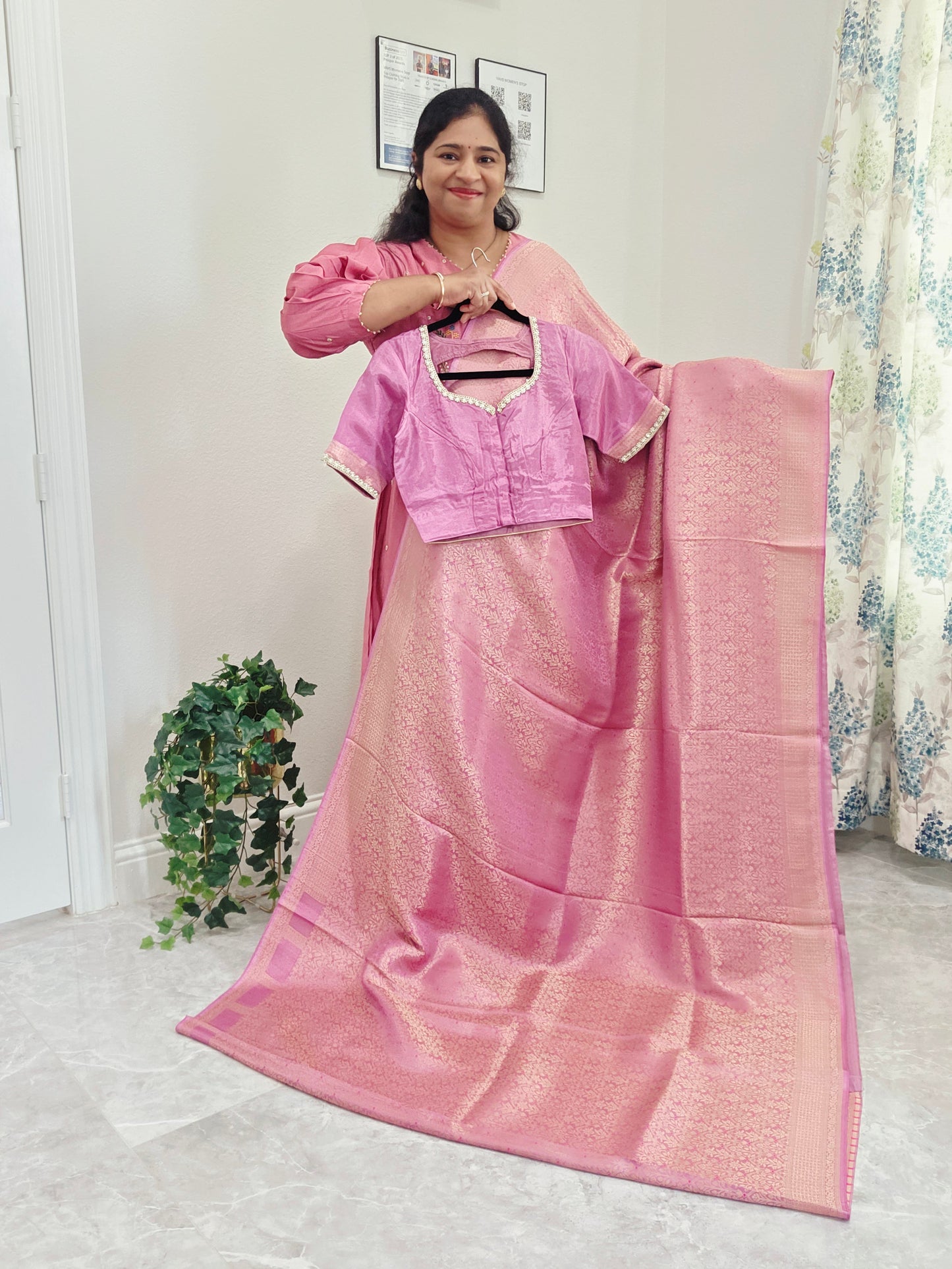 Royal Mauve Pink H.O Crepe Silk Saree with All Over Gold Brocade & Stitched Blouse