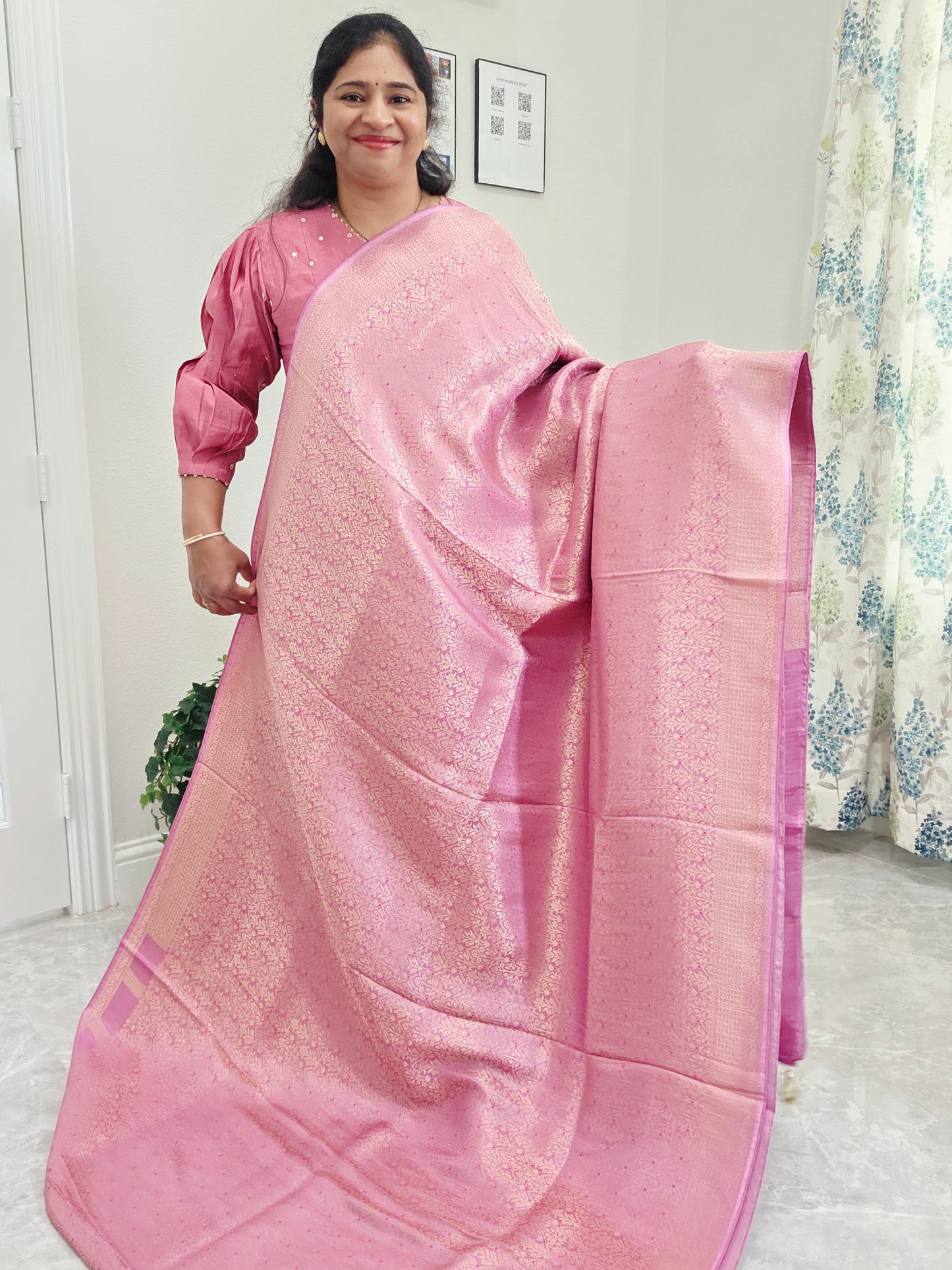 Royal Mauve Pink H.O Crepe Silk Saree with All Over Gold Brocade & Stitched Blouse