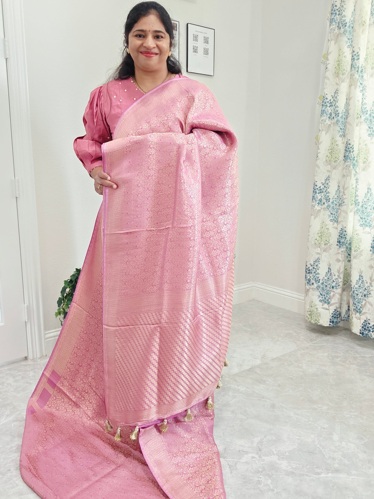 Royal Mauve Pink H.O Crepe Silk Saree with All Over Gold Brocade & Stitched Blouse