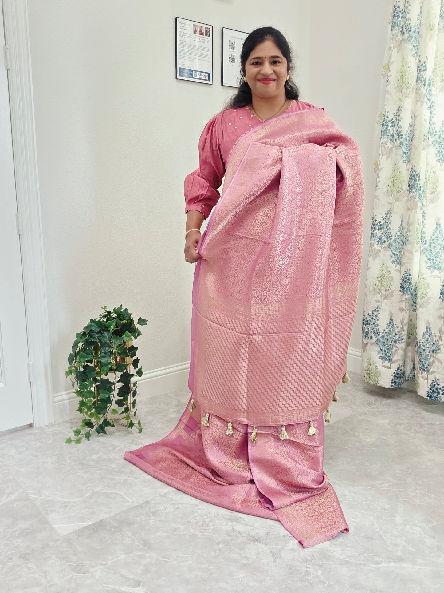 Royal Mauve Pink H.O Crepe Silk Saree with All Over Gold Brocade & Stitched Blouse