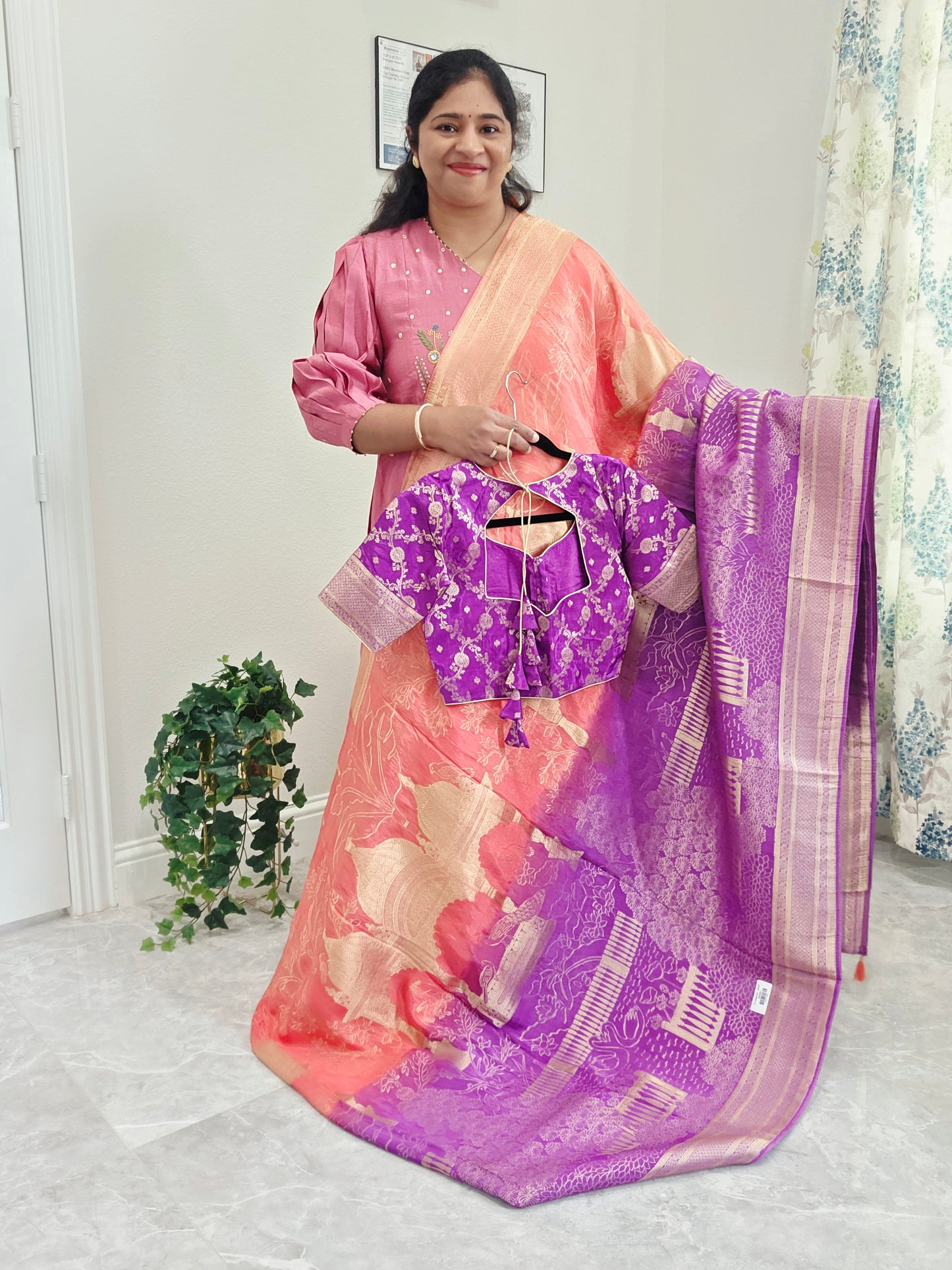 Orchid Violet & Peach Blush Taj Mahal Powerloom Woven Benarasi Silk Saree with Stitched Blouse