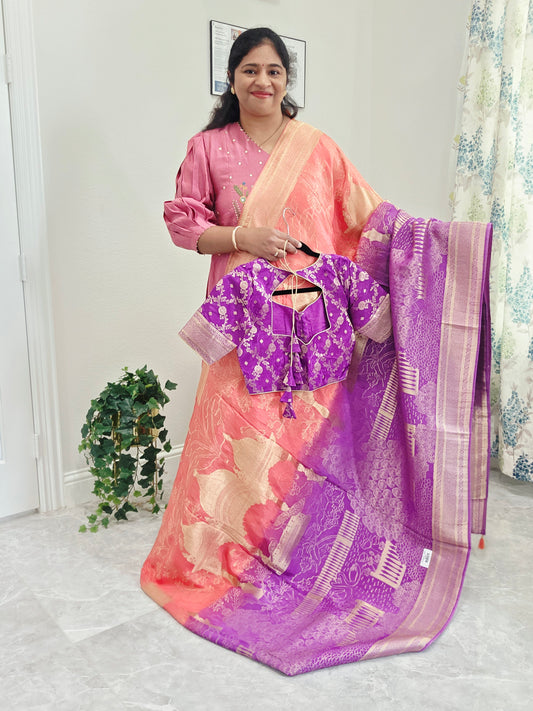 Orchid Violet & Peach Blush Taj Mahal Powerloom Woven Benarasi Silk Saree with Stitched Blouse