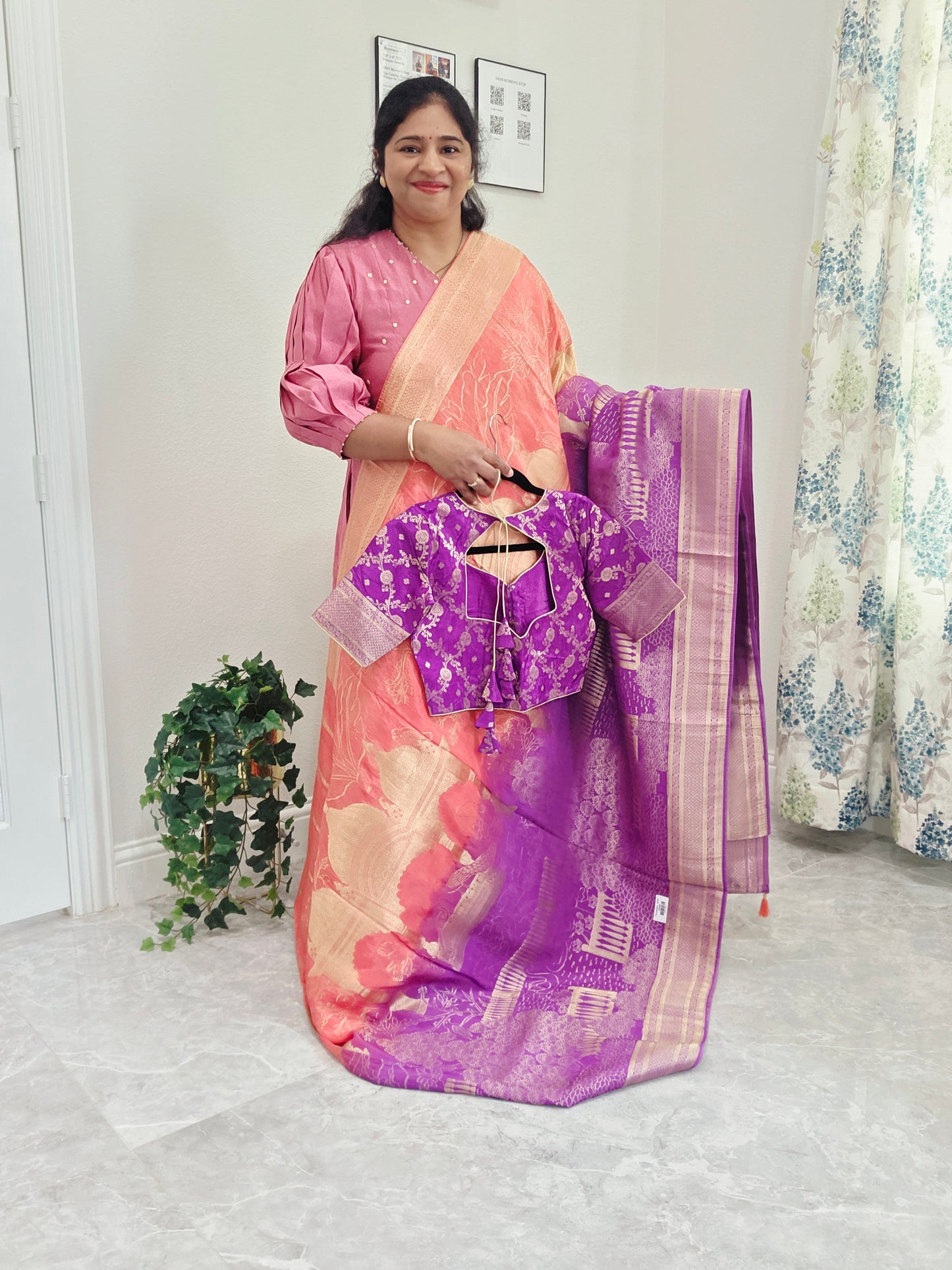 Orchid Violet & Peach Blush Taj Mahal Powerloom Woven Benarasi Silk Saree with Stitched Blouse