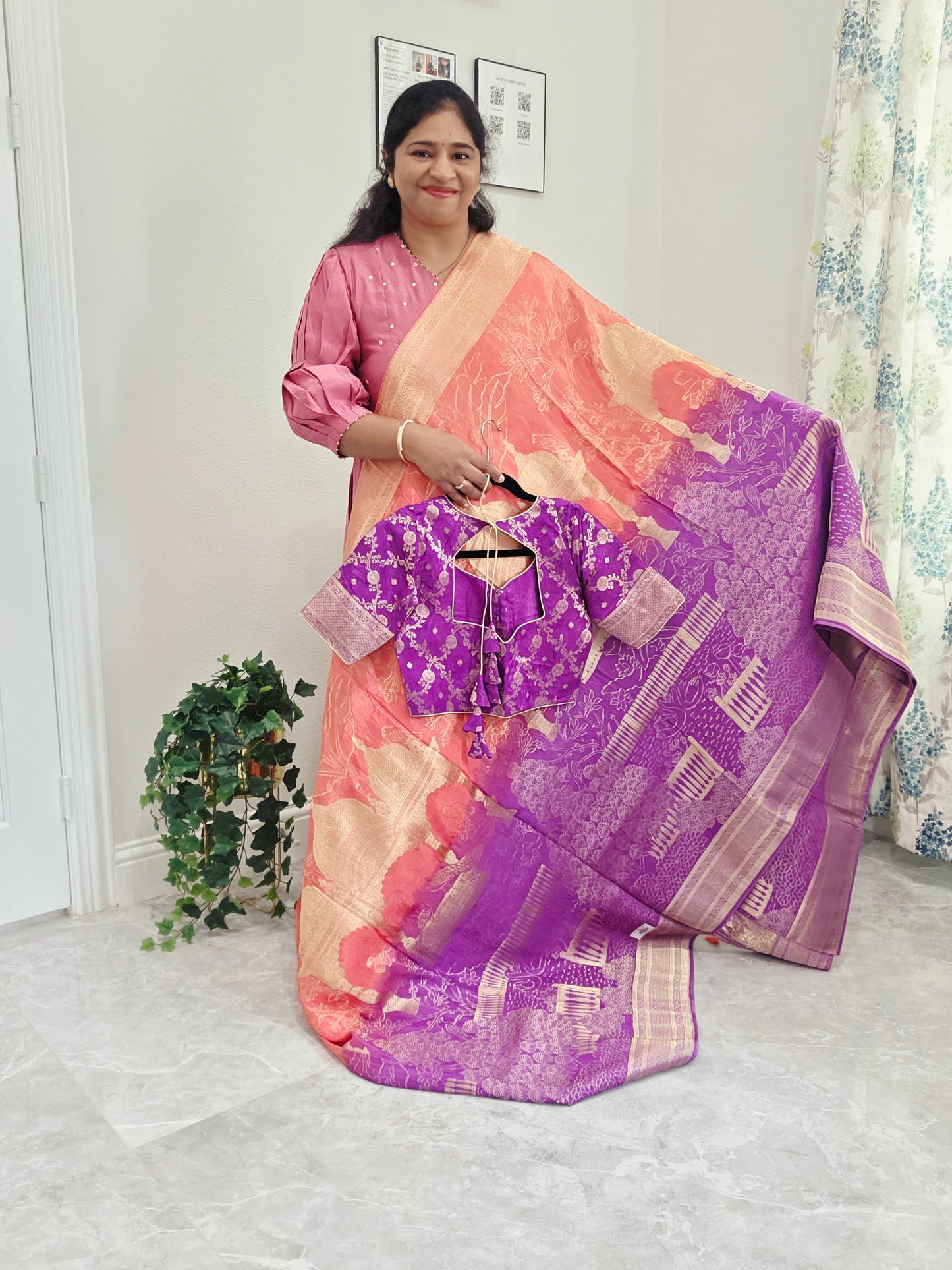 Orchid Violet & Peach Blush Taj Mahal Powerloom Woven Benarasi Silk Saree with Stitched Blouse