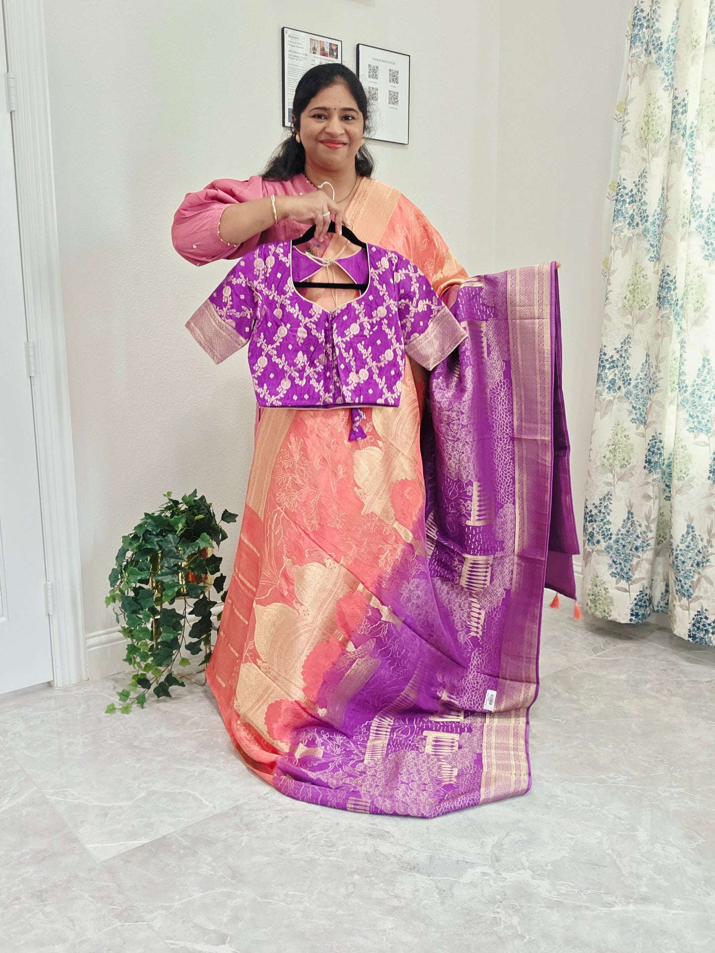 Orchid Violet & Peach Blush Taj Mahal Powerloom Woven Benarasi Silk Saree with Stitched Blouse