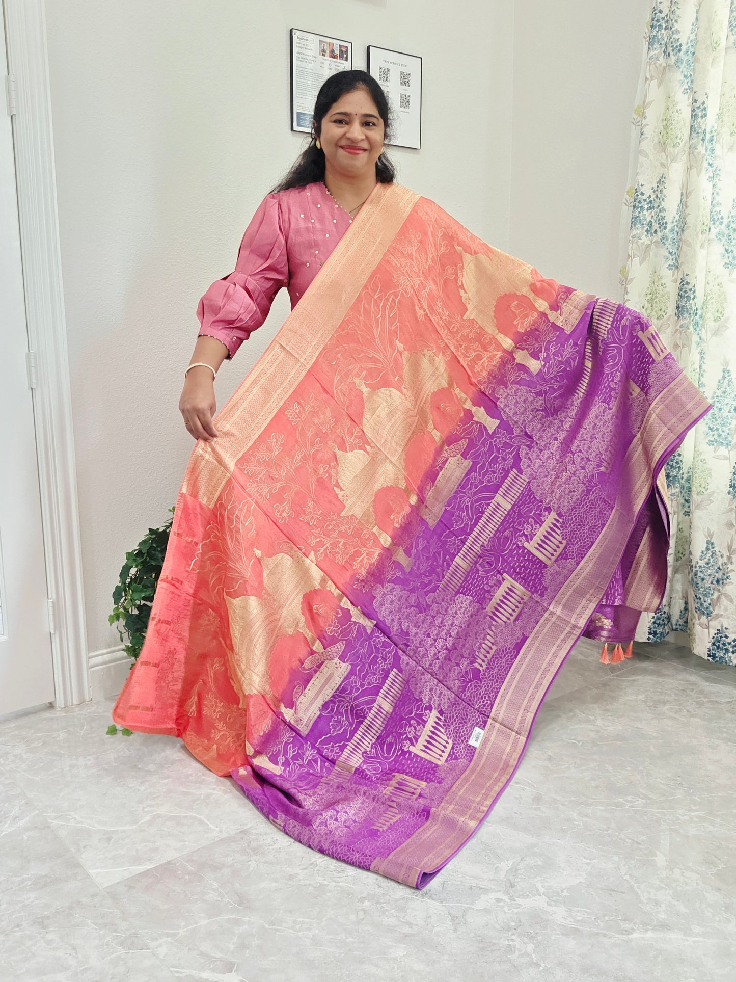 Orchid Violet & Peach Blush Taj Mahal Powerloom Woven Benarasi Silk Saree with Stitched Blouse