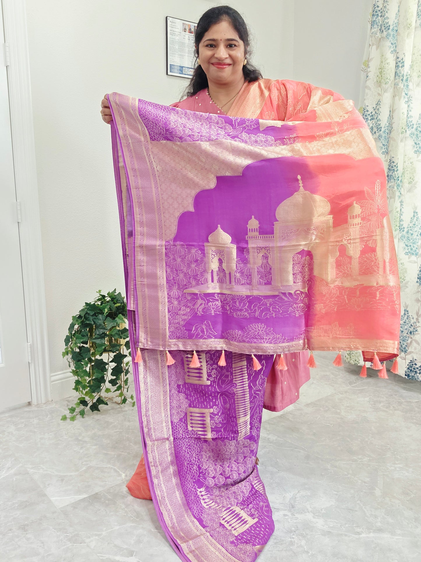 Orchid Violet & Peach Blush Taj Mahal Powerloom Woven Benarasi Silk Saree with Stitched Blouse