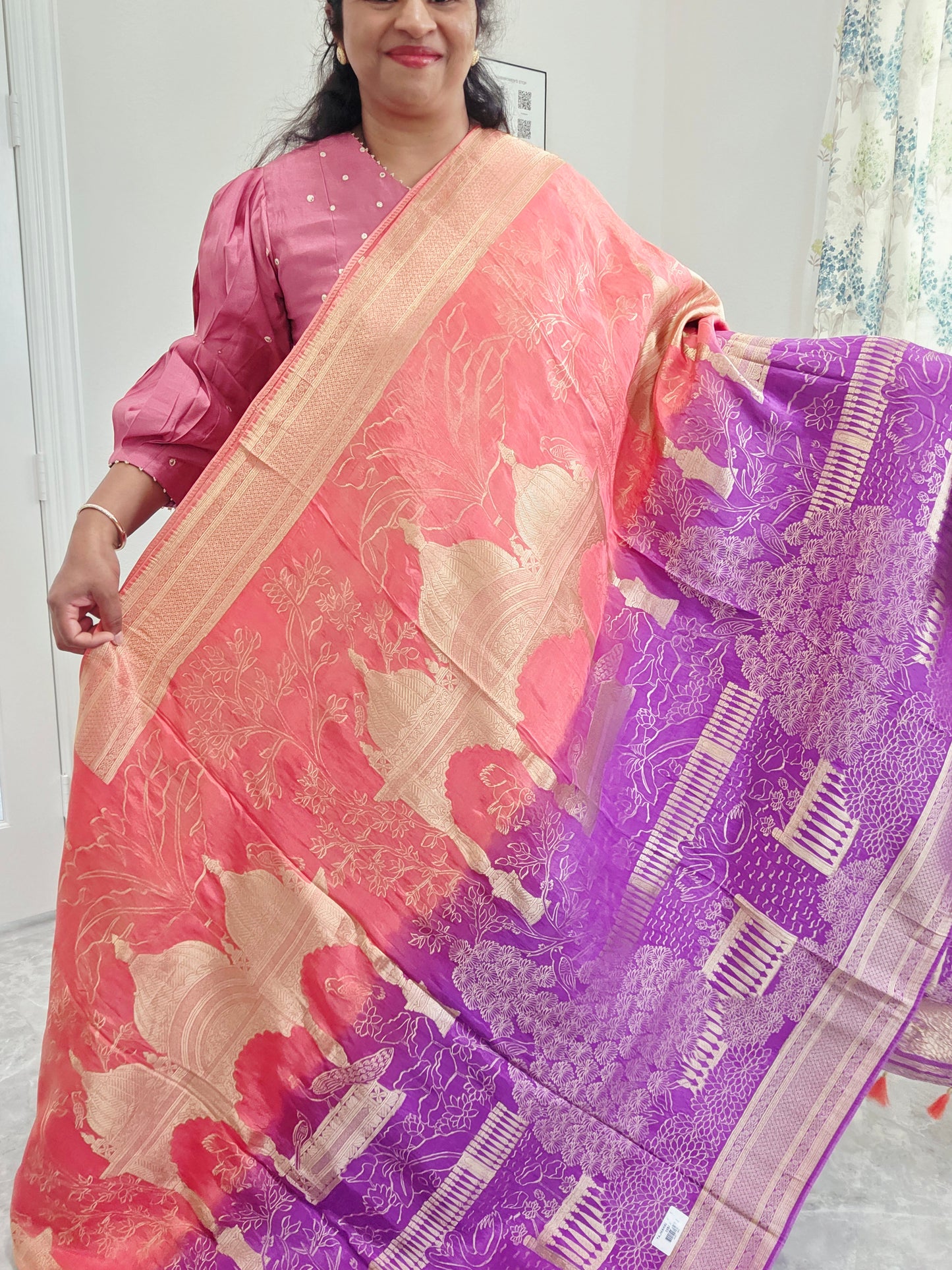 Orchid Violet & Peach Blush Taj Mahal Powerloom Woven Benarasi Silk Saree with Stitched Blouse