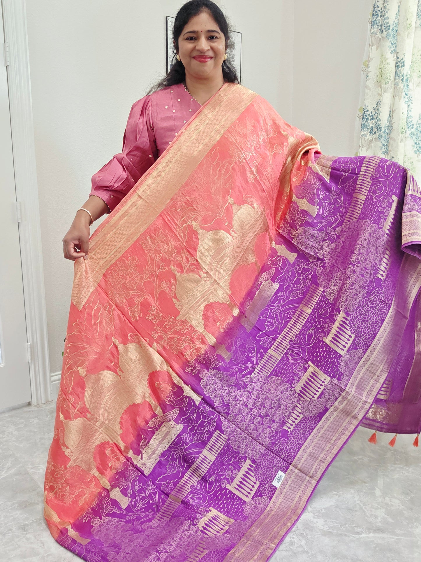Orchid Violet & Peach Blush Taj Mahal Powerloom Woven Benarasi Silk Saree with Stitched Blouse