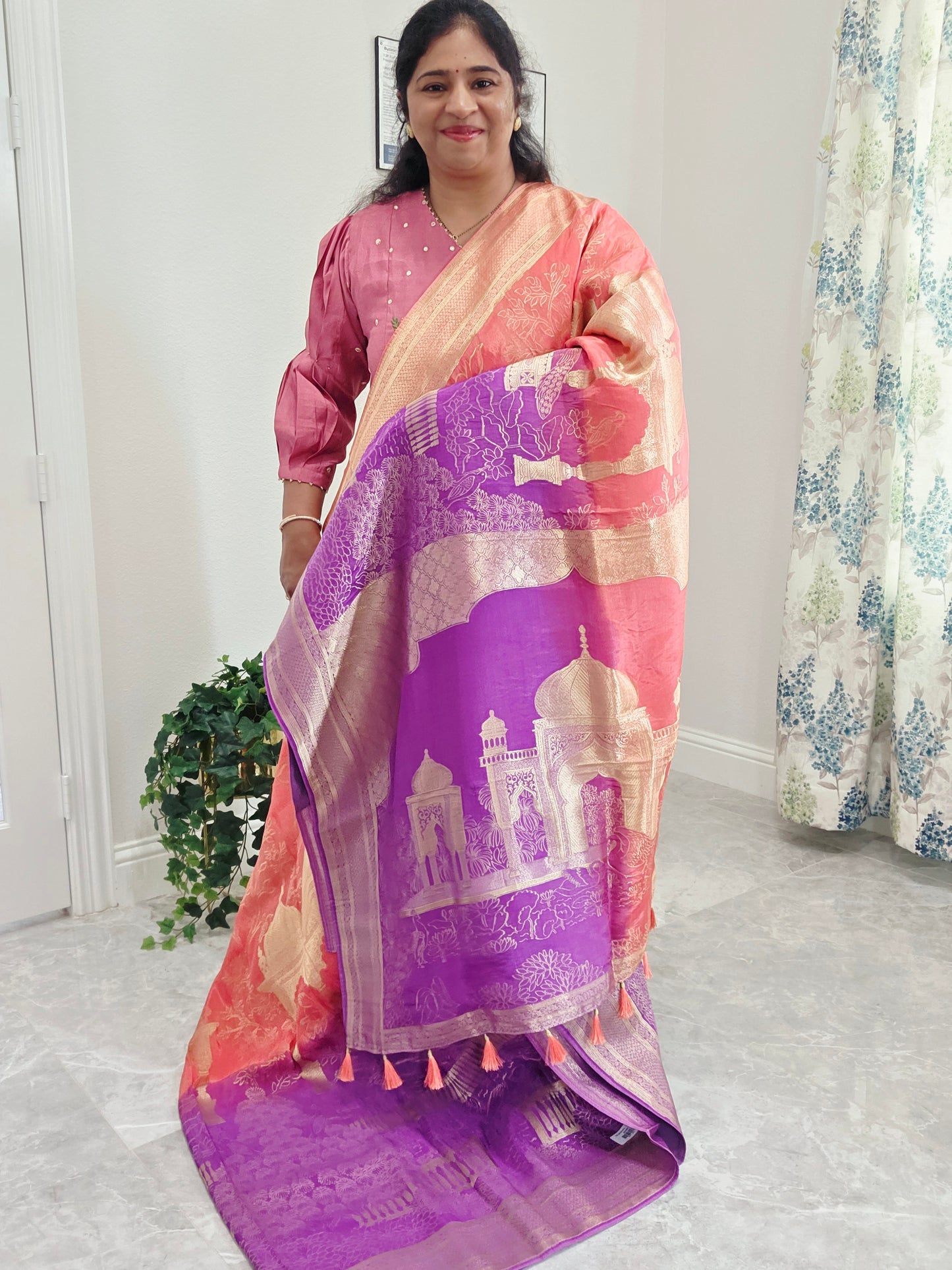 Orchid Violet & Peach Blush Taj Mahal Powerloom Woven Benarasi Silk Saree with Stitched Blouse