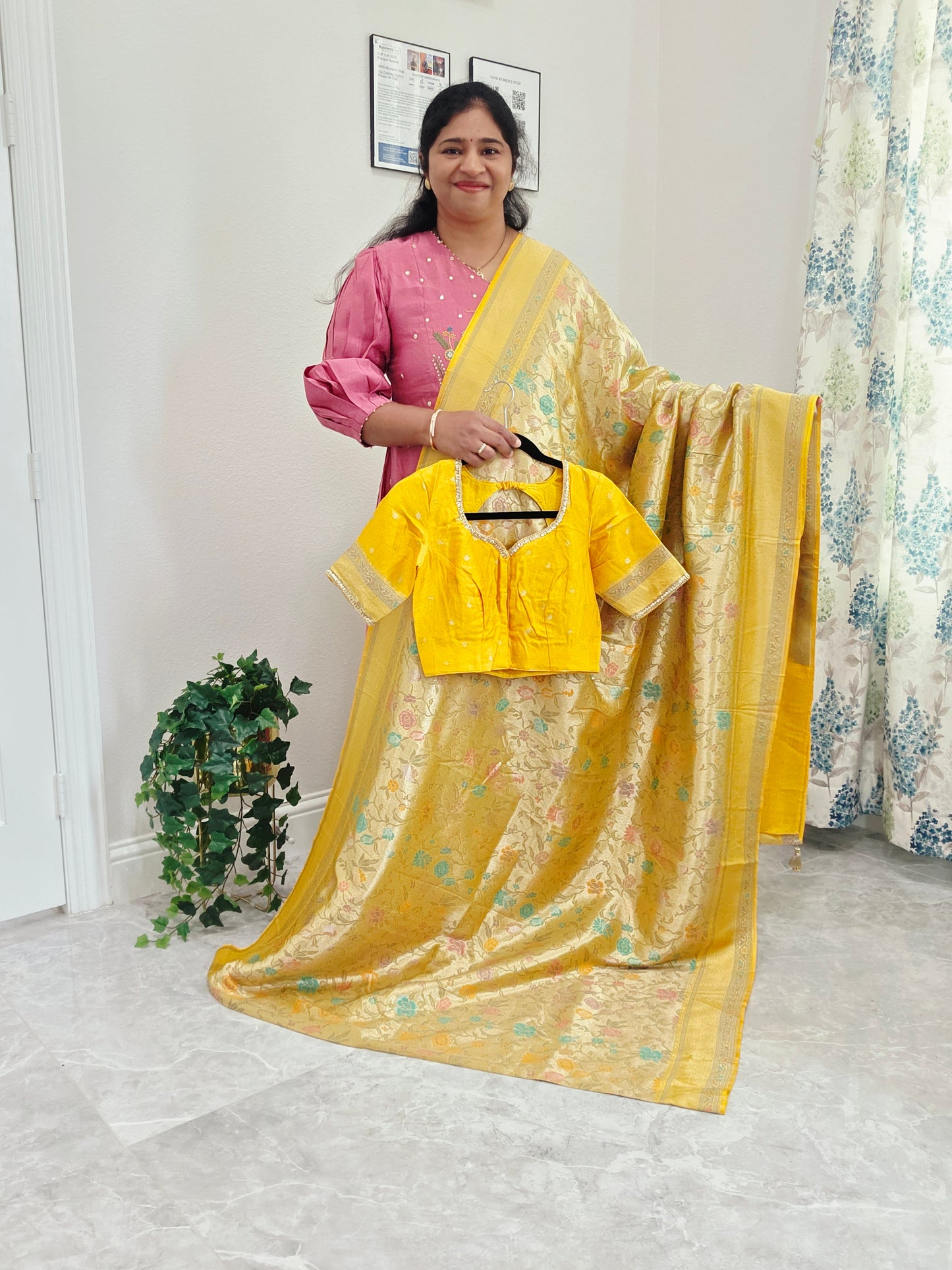 Golden Yellow Benarasi Paithani Brocade Designer Saree with Stitched Blouse