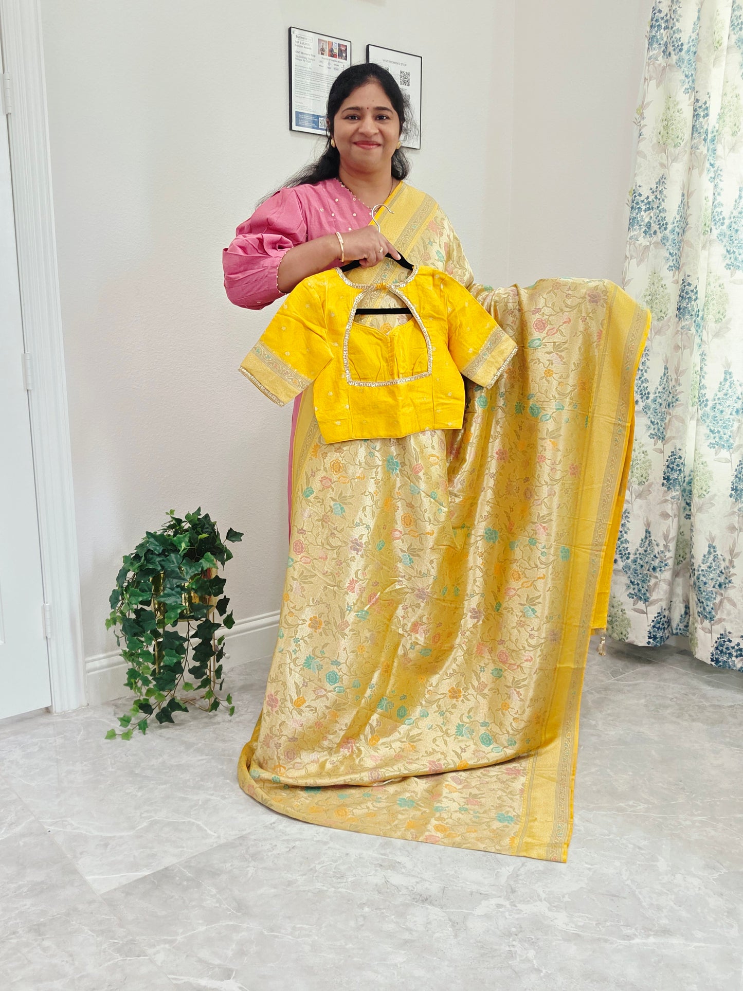 Golden Yellow Benarasi Paithani Brocade Designer Saree with Stitched Blouse