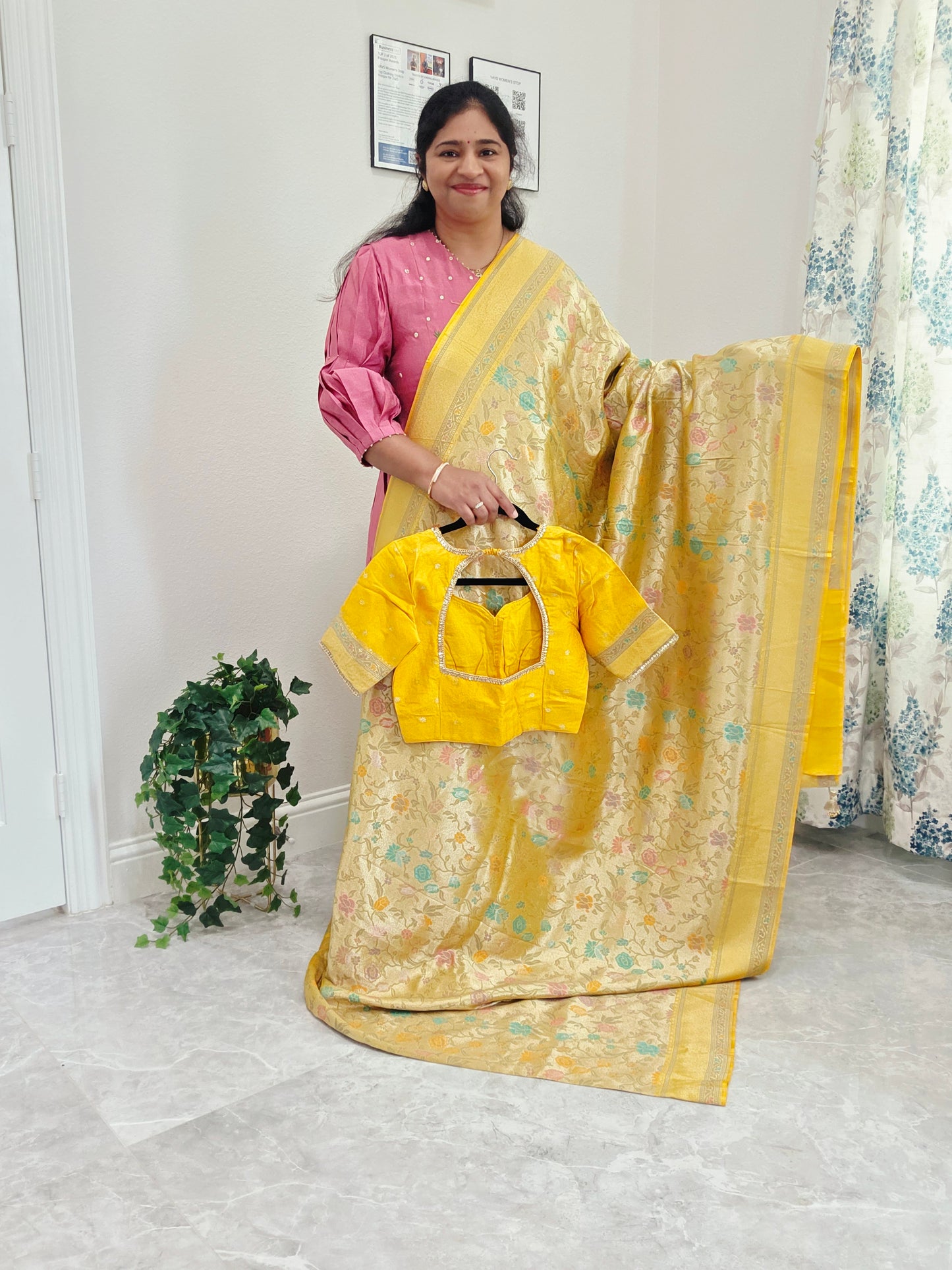 Golden Yellow Benarasi Paithani Brocade Designer Saree with Stitched Blouse
