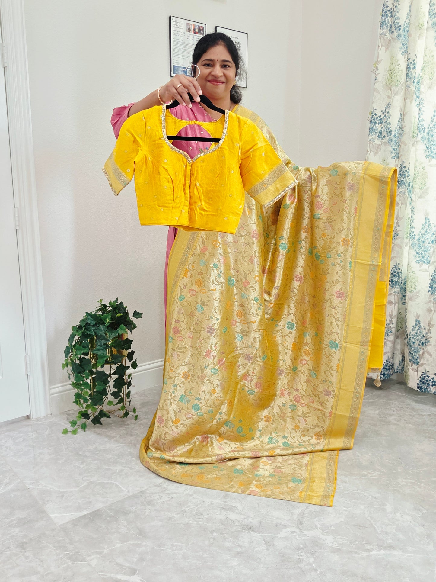 Golden Yellow Benarasi Paithani Brocade Designer Saree with Stitched Blouse