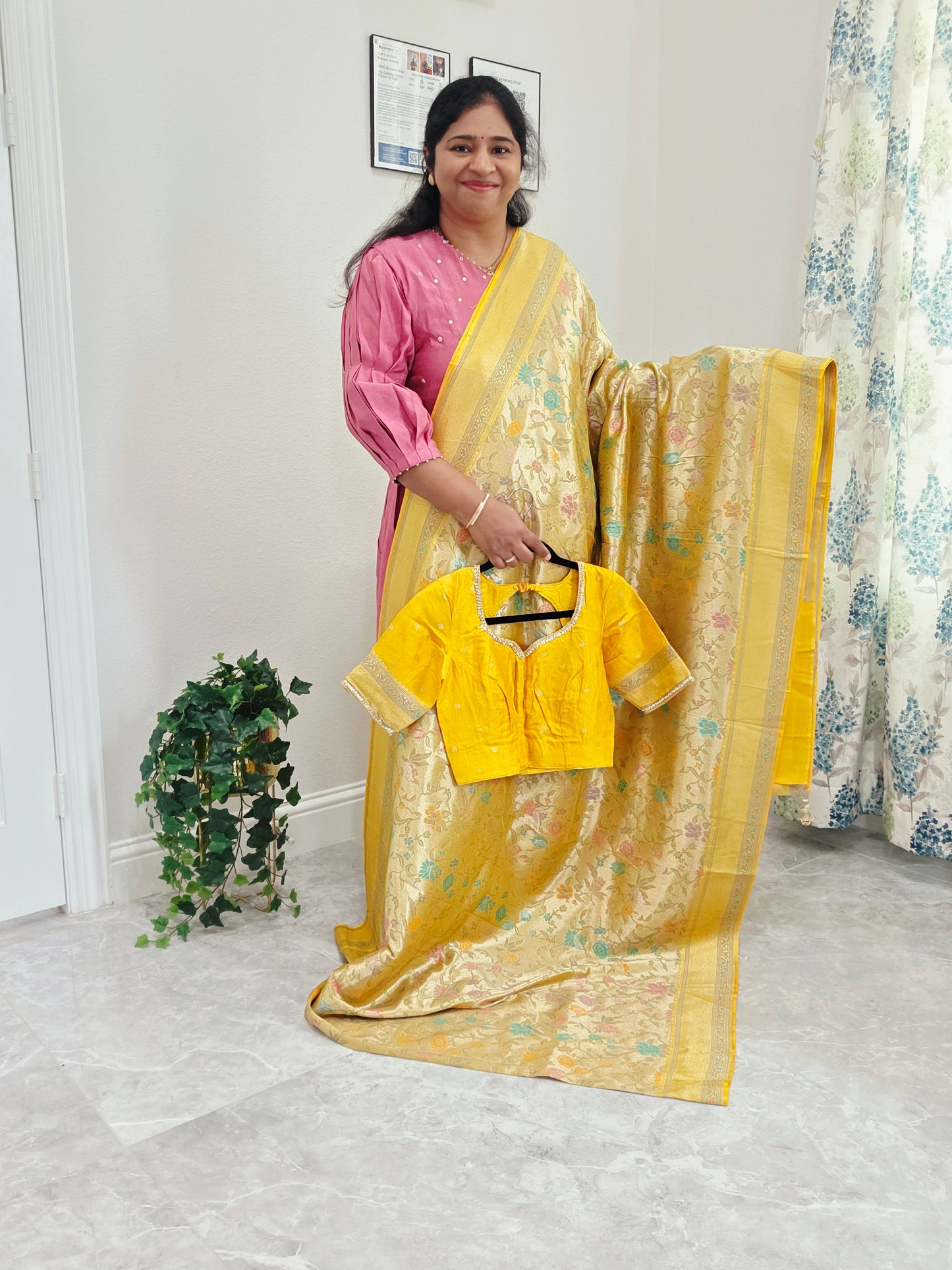 Golden Yellow Benarasi Paithani Brocade Designer Saree with Stitched Blouse