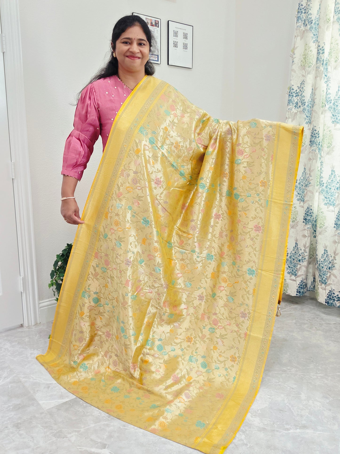 Golden Yellow Benarasi Paithani Brocade Designer Saree with Stitched Blouse