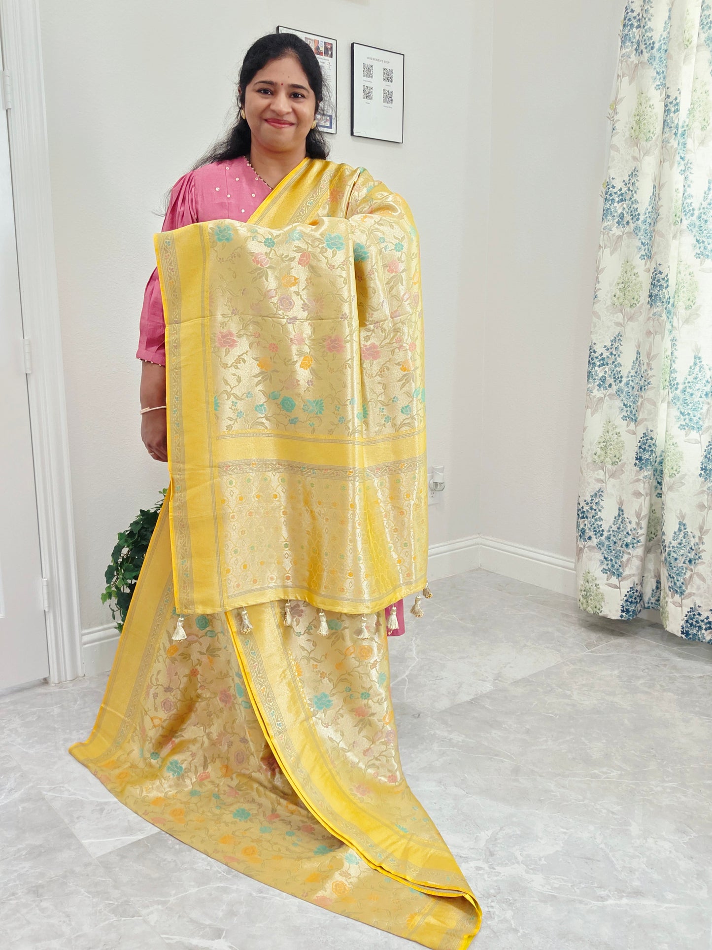 Golden Yellow Benarasi Paithani Brocade Designer Saree with Stitched Blouse
