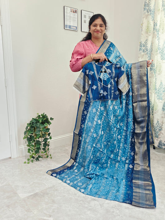 Soft Dupion Benarasi Firozi Blue Shade Hand Knot Bhandini Stripes Design er Saree – Blouse