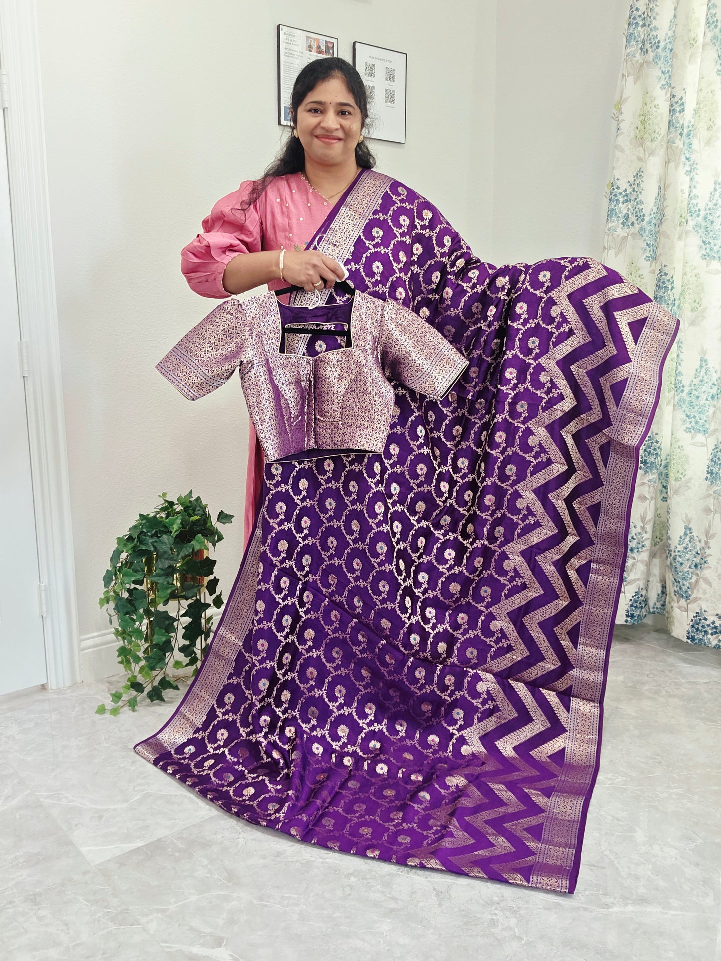 Purple Semi Mango Silk Saree with Zari Work | Stitched Blouse