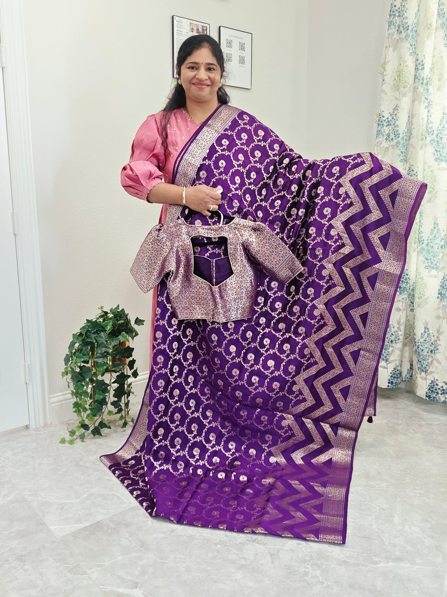 Purple Semi Mango Silk Saree with Zari Work | Stitched Blouse
