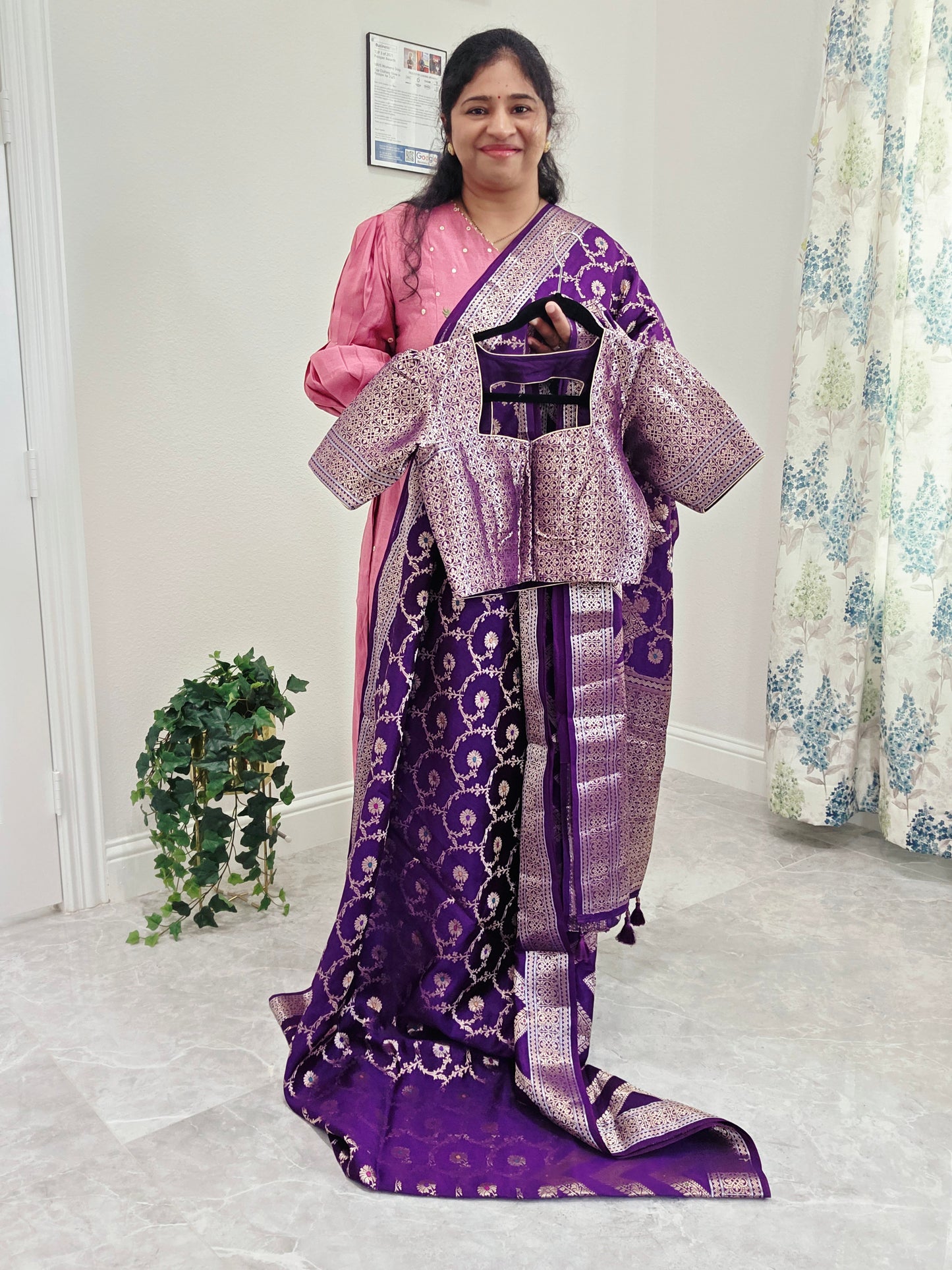 Purple Semi Mango Silk Saree with Zari Work | Stitched Blouse