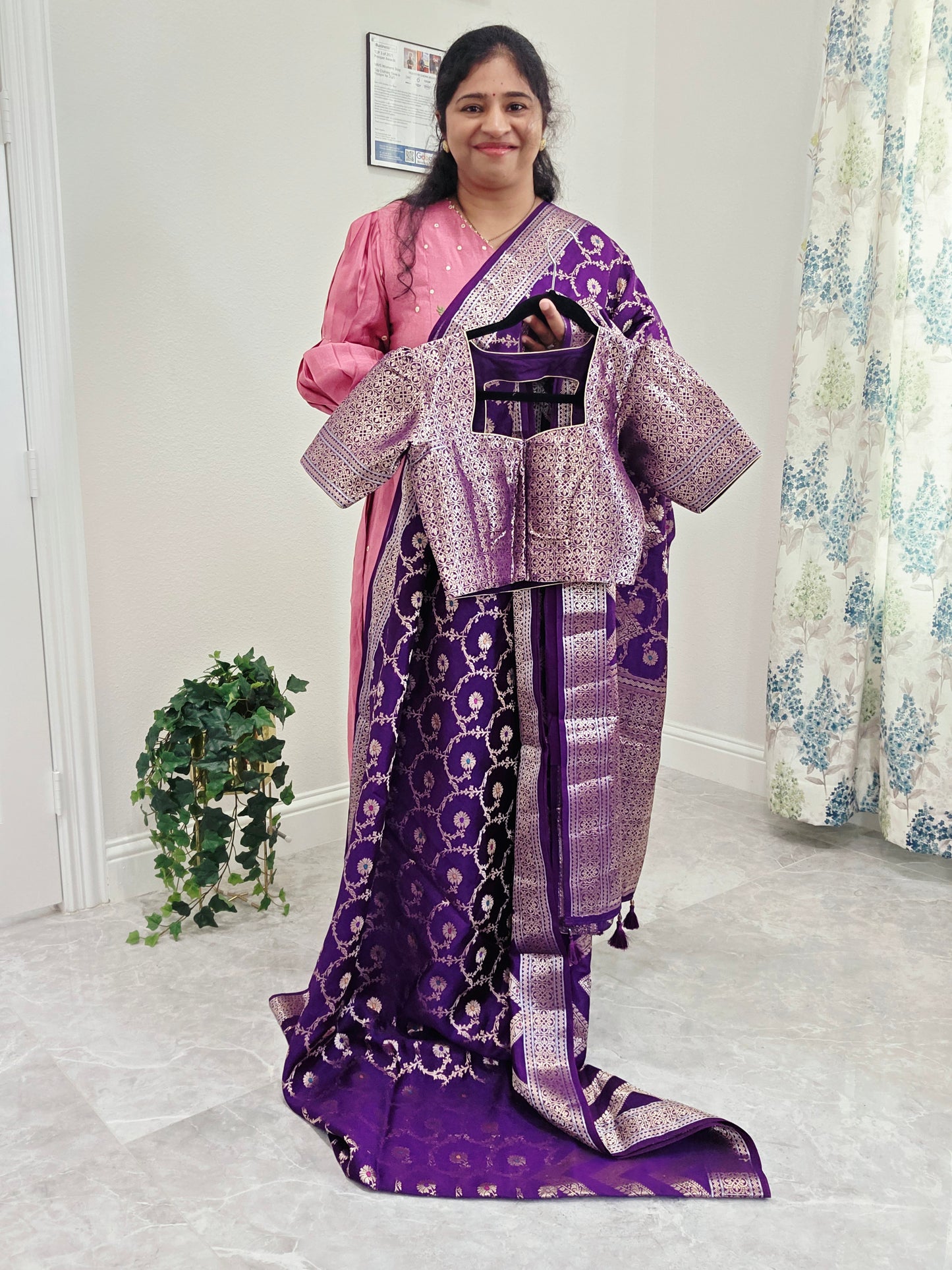 Purple Semi Mango Silk Saree with Zari Work | Stitched Blouse