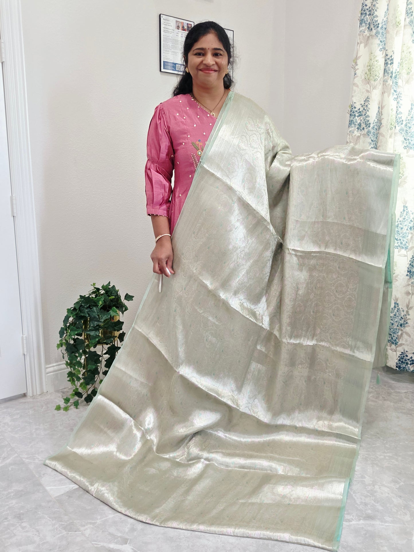 Pastel Mint Silver Benarasi Brocade Style Tissue Saree with Stitched Blouse