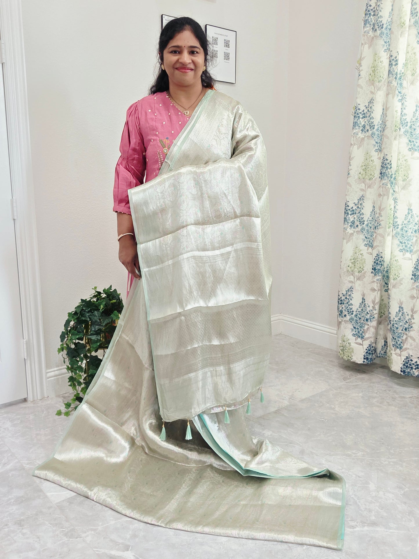 Pastel Mint Silver Benarasi Brocade Style Tissue Saree with Stitched Blouse