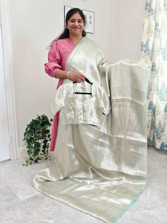 Pastel Mint Silver Benarasi Brocade Style Tissue Saree with Stitched Blouse
