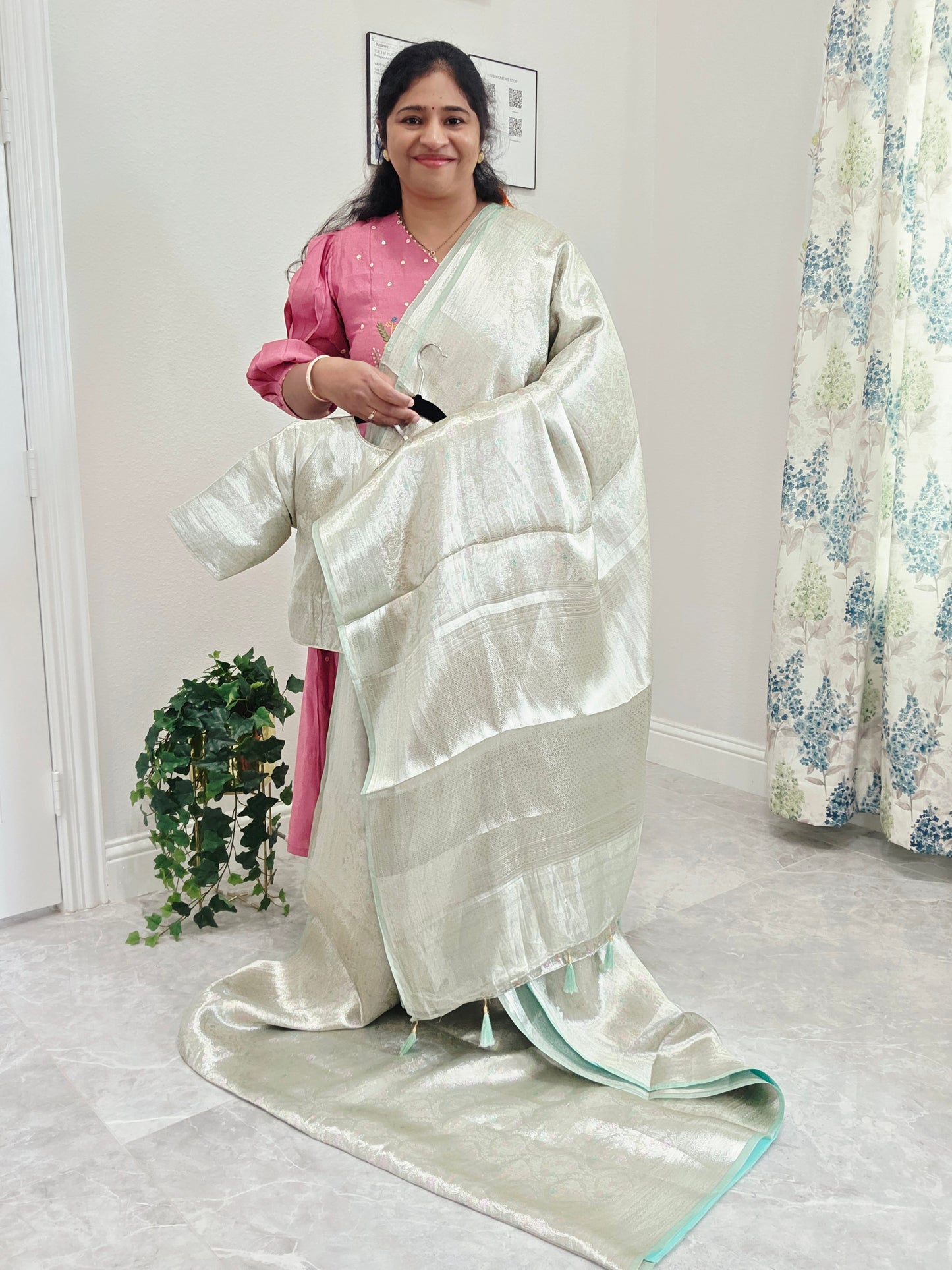 Pastel Mint Silver Benarasi Brocade Style Tissue Saree with Stitched Blouse