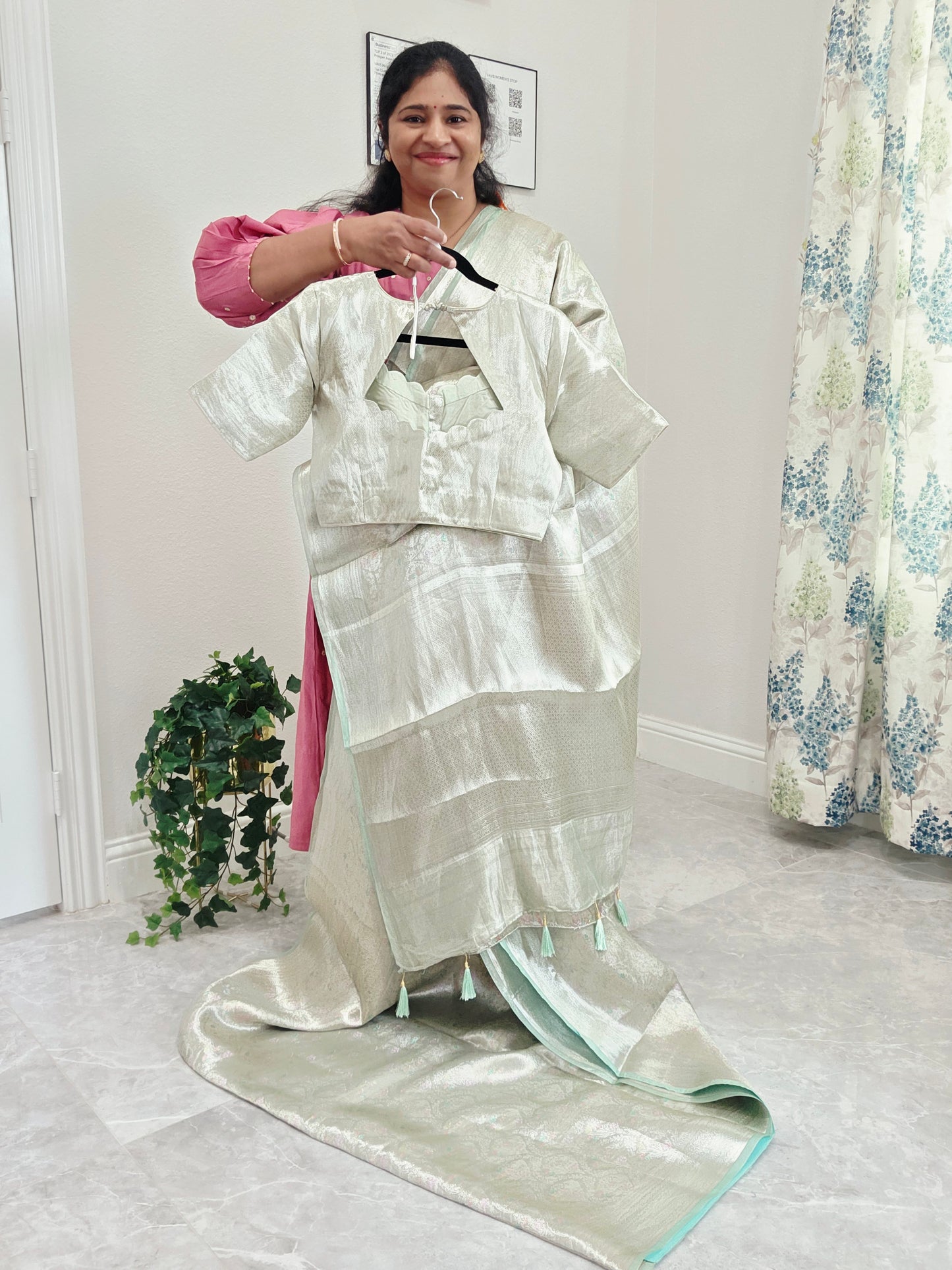 Pastel Mint Silver Benarasi Brocade Style Tissue Saree with Stitched Blouse