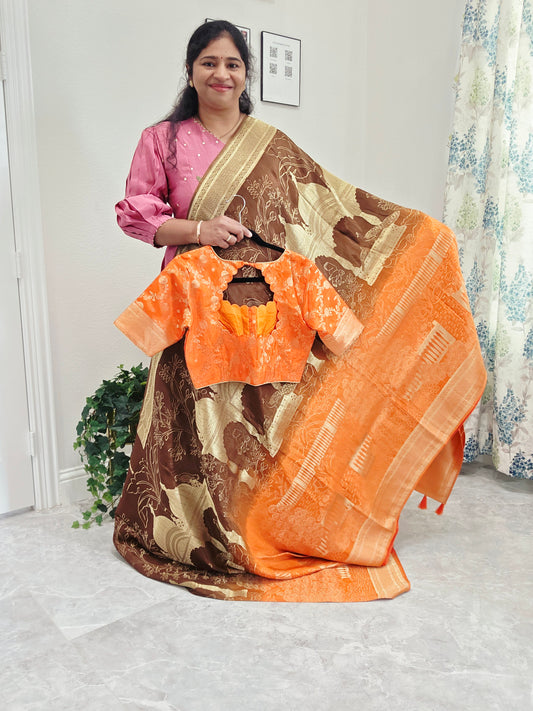 Sunset Amber & Cocoa Brown Taj Mahal Powerloom Woven Benarasi Silk Saree with Stitched Blouse