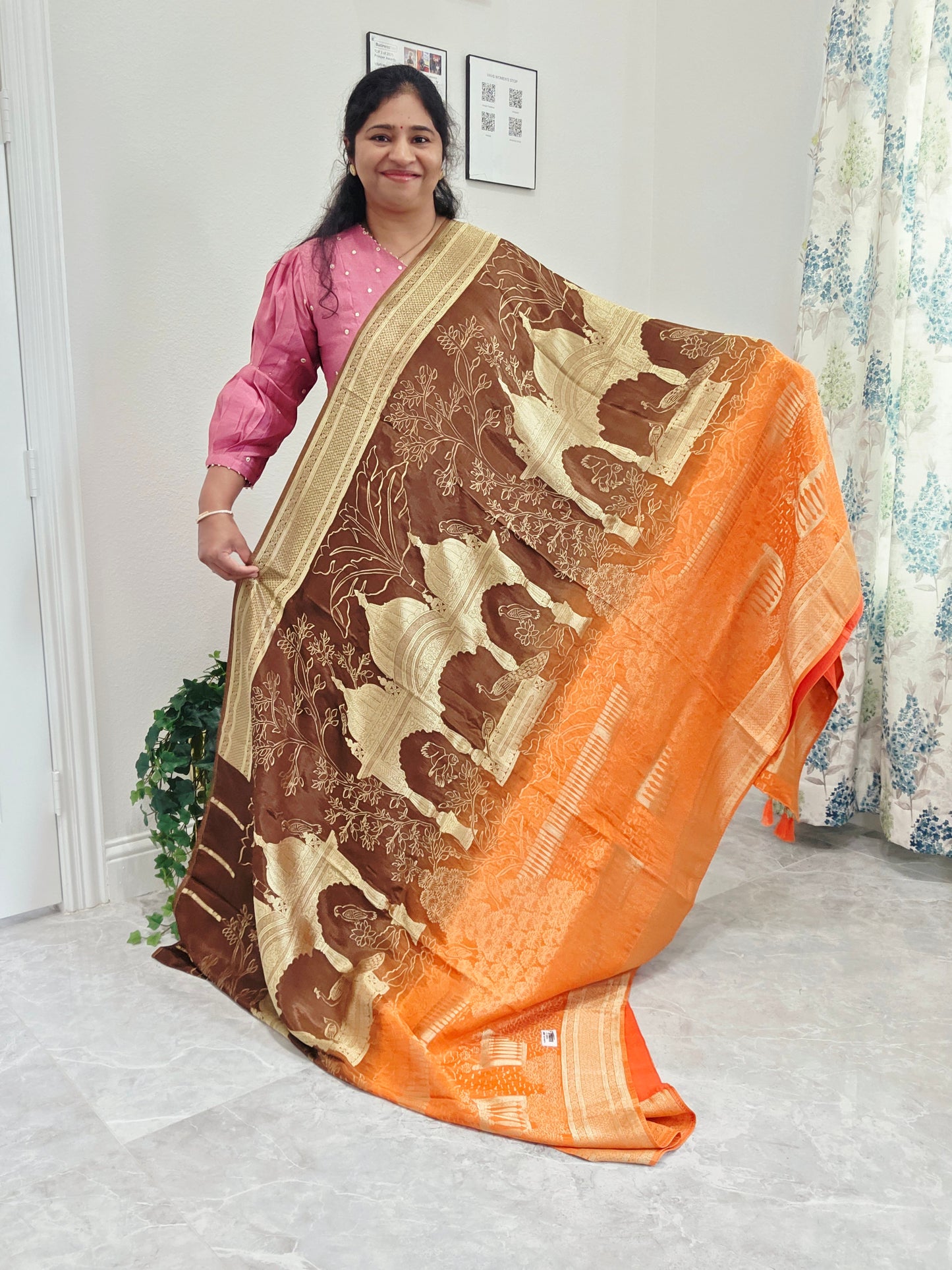 Sunset Amber & Cocoa Brown Taj Mahal Powerloom Woven Benarasi Silk Saree with Stitched Blouse