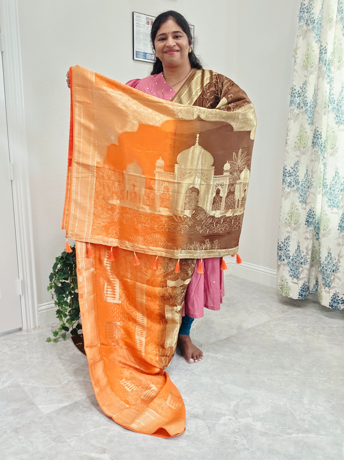Sunset Amber & Cocoa Brown Taj Mahal Powerloom Woven Benarasi Silk Saree with Stitched Blouse