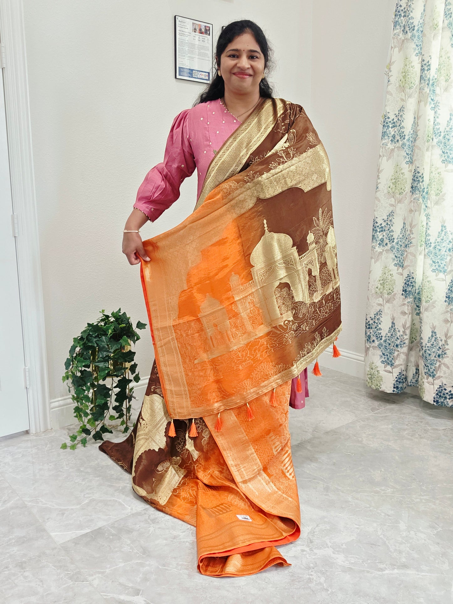 Sunset Amber & Cocoa Brown Taj Mahal Powerloom Woven Benarasi Silk Saree with Stitched Blouse