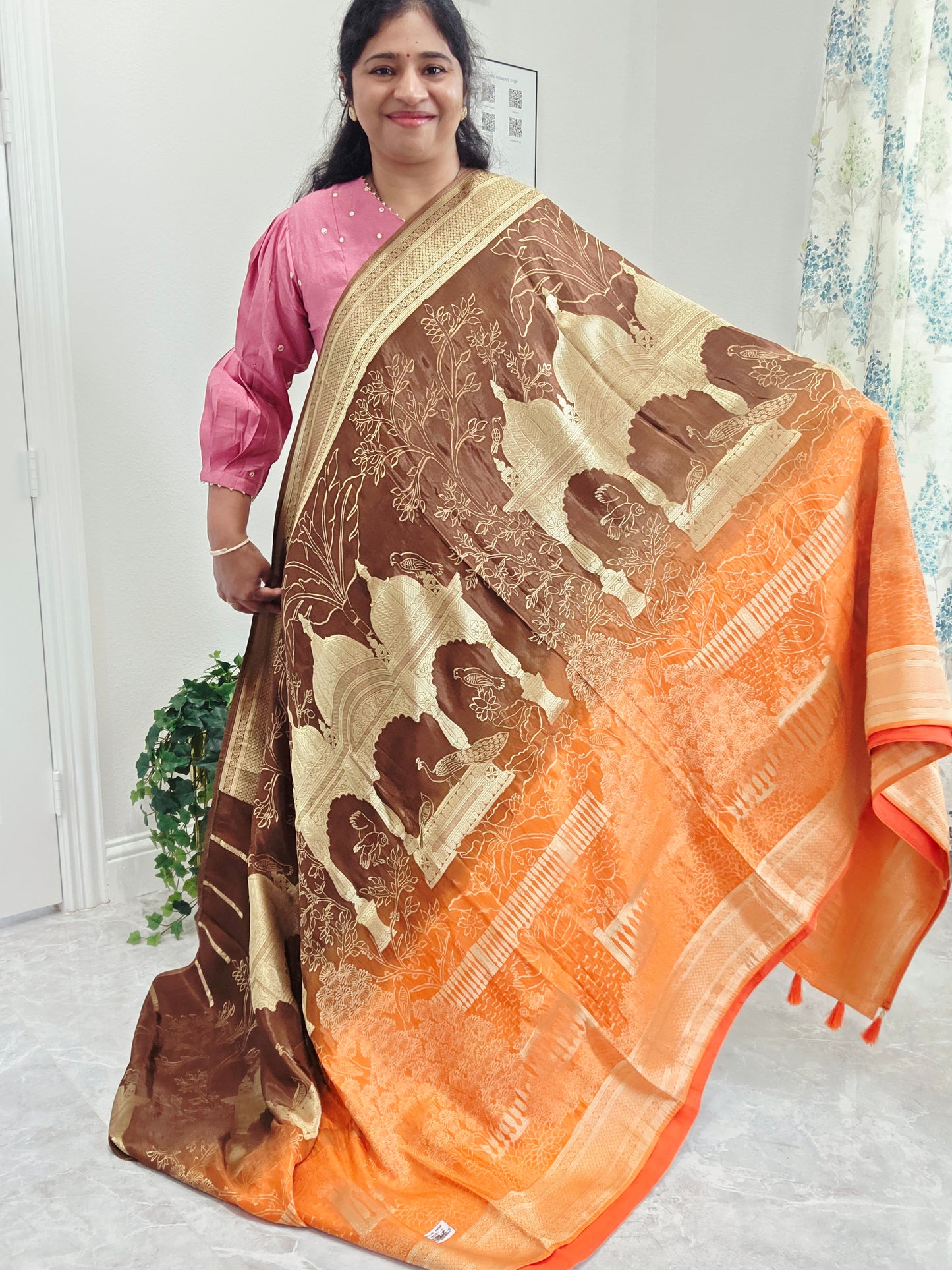 Sunset Amber & Cocoa Brown Taj Mahal Powerloom Woven Benarasi Silk Saree with Stitched Blouse