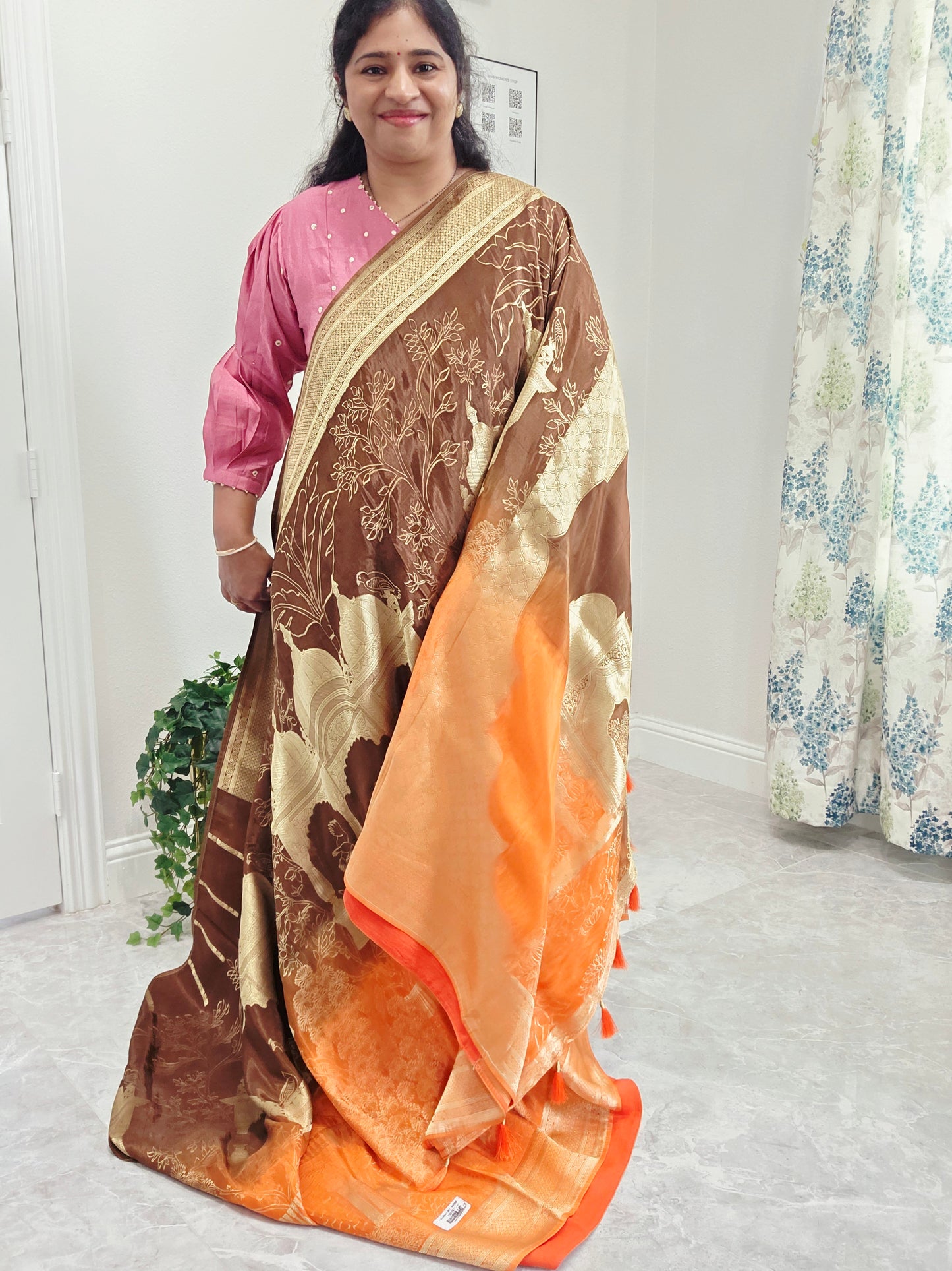 Sunset Amber & Cocoa Brown Taj Mahal Powerloom Woven Benarasi Silk Saree with Stitched Blouse